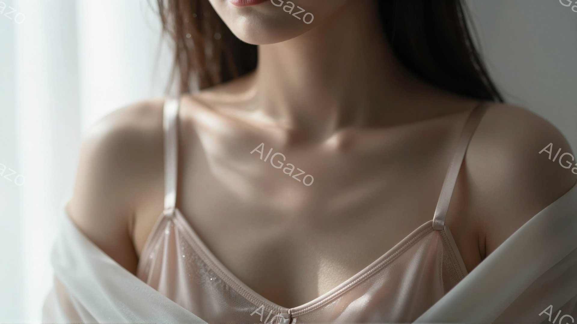 光沢のあるピンク色のキャミソールを着た女性が写っています。肩から胸元にかけて光が当たり、滑らかな肌と繊細な生地の質感が強調されています。背景は白く、明るく柔らかい雰囲気で、女性の優美さを引き立てています。