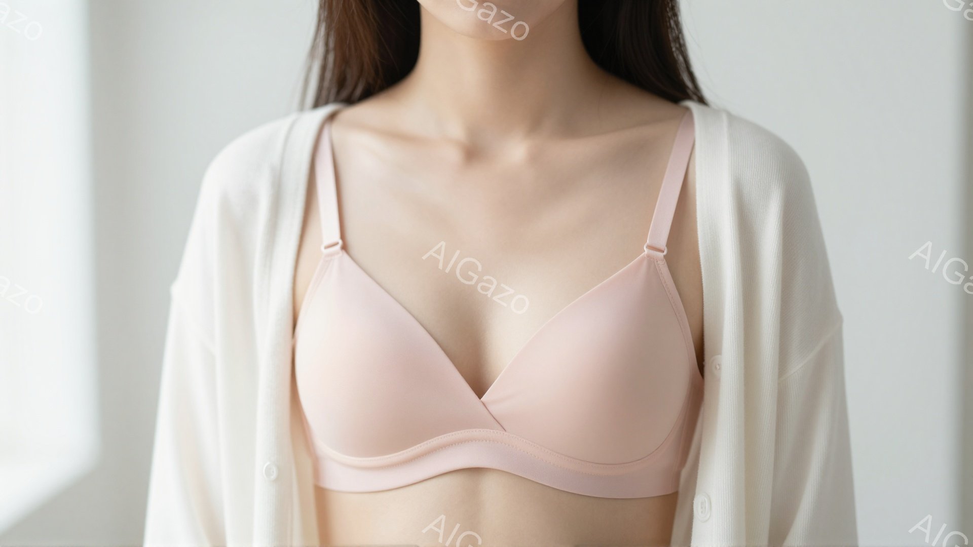 柔らかいピンク色のブラジャーを身に着けた女性が写っています。白いカーディガンを着ており、髪は後ろにまとめられています。背景は明るく、窓からの自然光が差し込み、全体的に穏やかでリラックスした雰囲気が漂っ - AI生成フリー素材
