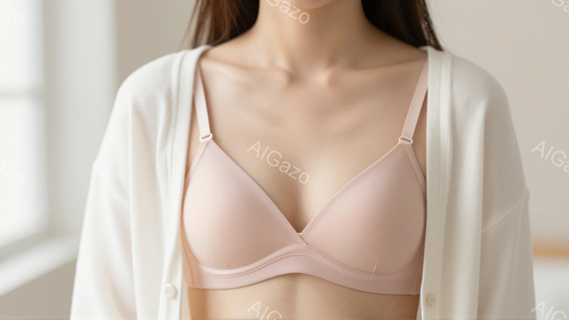 明るい背景を背景に、ベージュ色のブラレットを着用した女性が写っています。白いカーディガンを羽織っており、ブラレットが少し覗いています。全体的に柔らかく、自然な雰囲気で、女性らしさを強調した写真です。 - AI生成フリー素材