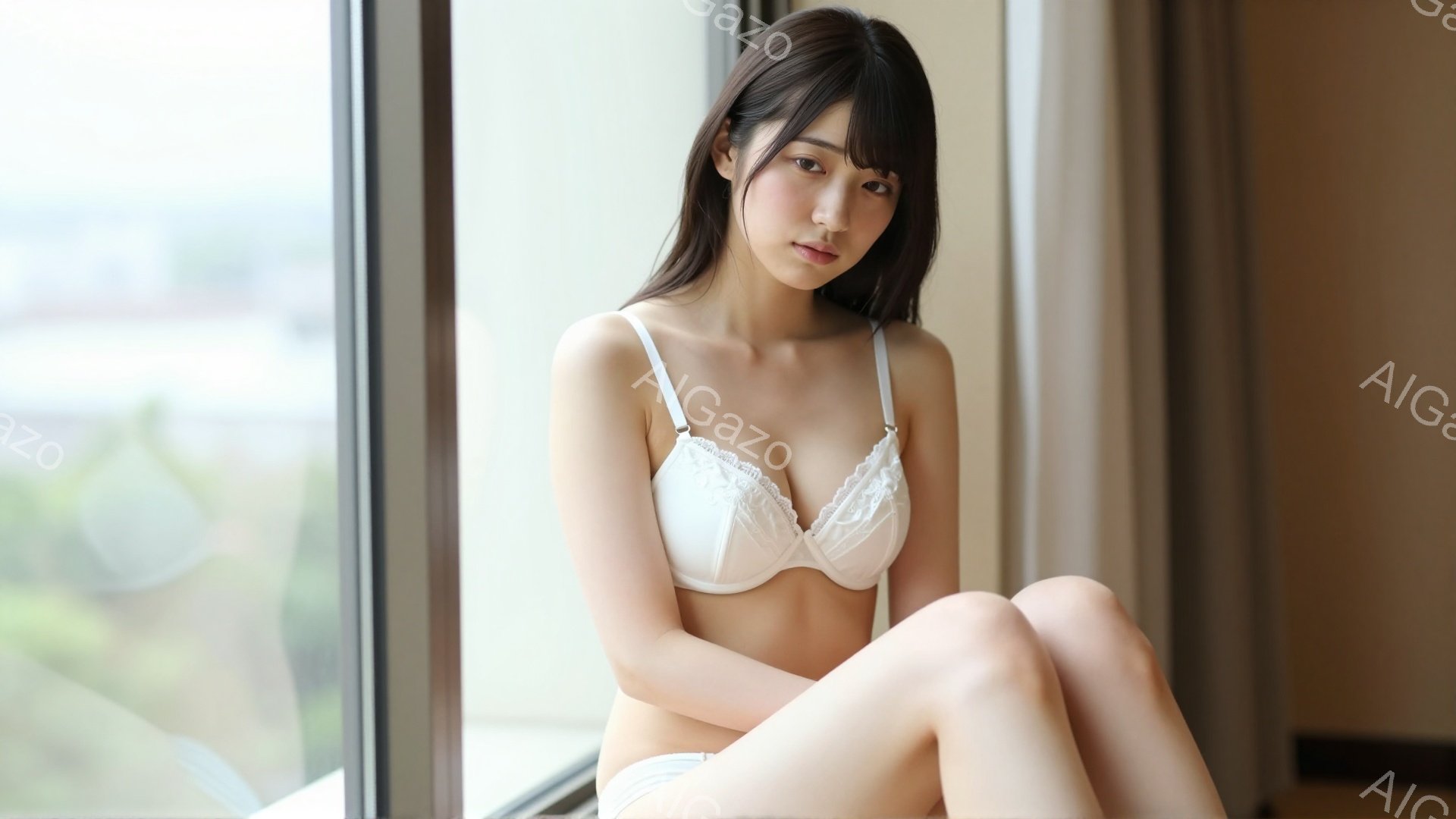 長い黒髪で、前髪は眉毛にかかる程度に切り揃えられている女性が、白いレースのブラジャーと下着姿で窓際に座っている。彼女は足を組み、少し物憂げな表情で遠くを見つめている。窓の外には、緑豊かな木々と建物が見 - AI生成フリー素材