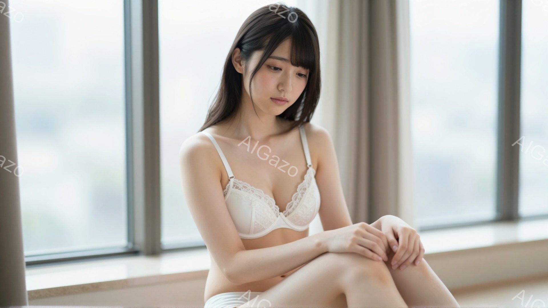 長い黒髪をセンターパートにした女性が、白いレースのブラとショーツ姿で床に座っている。彼女は膝を抱え、やや憂いを帯びた表情で下を見つめている。背景には大きな窓と、ぼやけた都市の景色が広がっており、全体的に柔らかく、内省的な雰囲気を醸し出している。