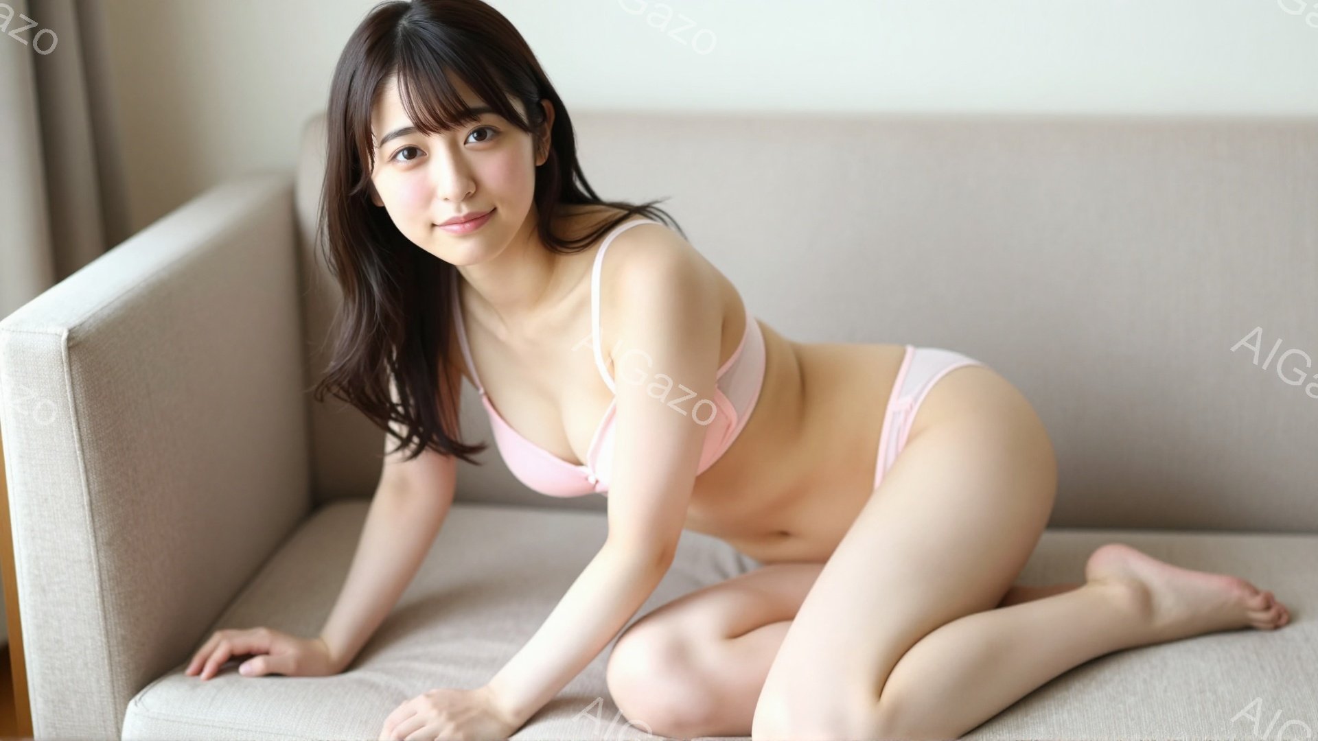 長い黒髪で、前髪は眉毛にかかるようにカットされた女性が、ピンク色のブラジャーとショーツ姿でベージュ色のソファに膝をついて座っている。彼女はカメラに向かって微笑んでおり、リラックスした雰囲気である。背景 - AI生成フリー素材