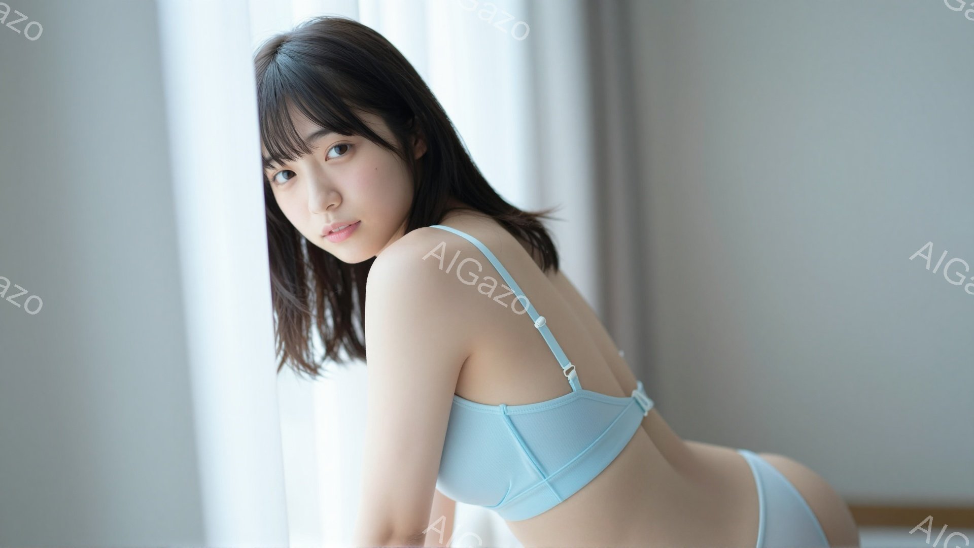 モデルは、薄い水色のブラとショーツを着用し、少し振り返ってこちらを見ている。彼女は黒髪で、前髪が目にかかるようにカットされており、表情は穏やかで、どこか憂いを帯びている。背景はぼやけた白で、自然光が差 - AI生成フリー素材