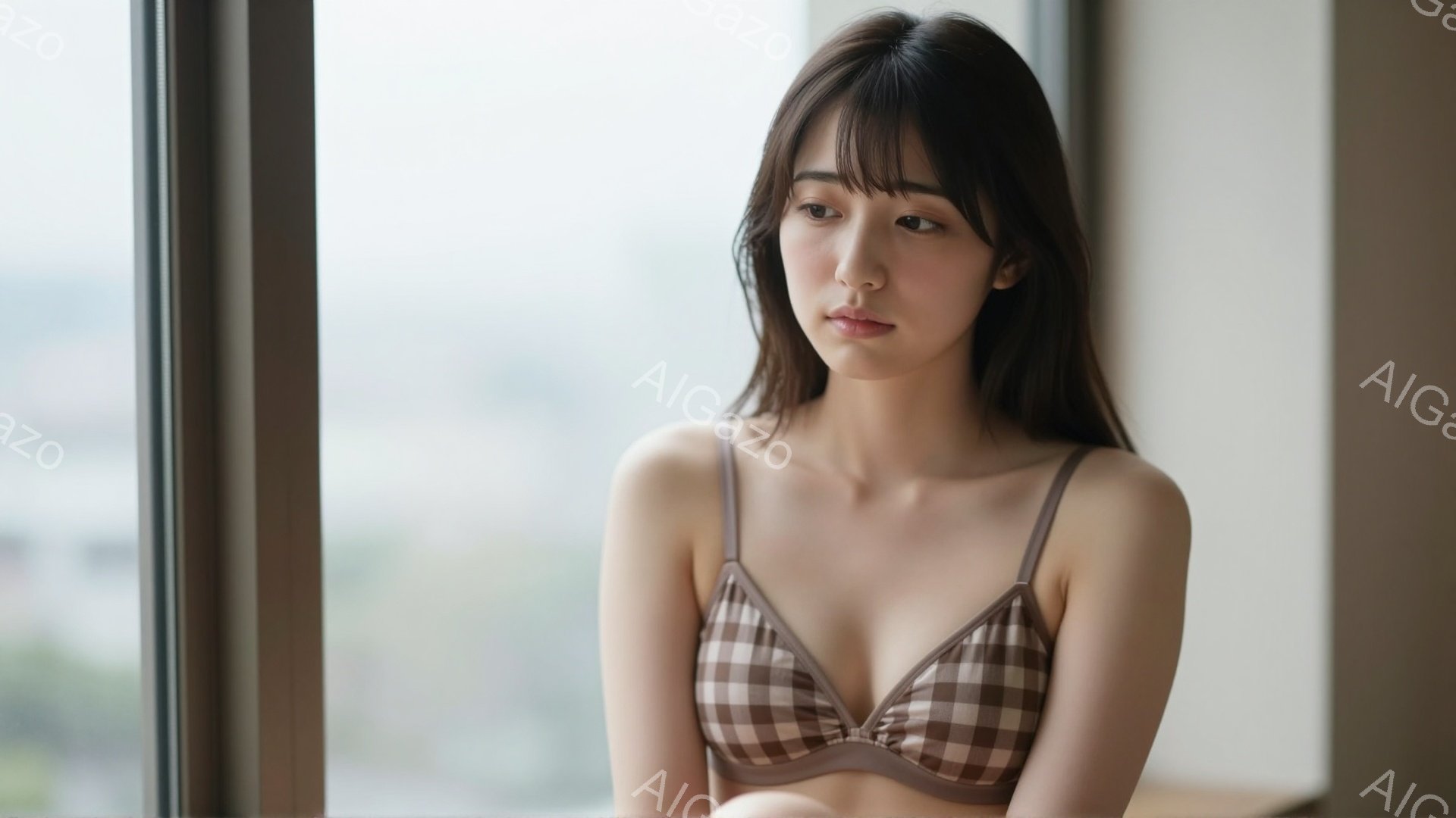 長いダークブラウンの髪は肩にかかり、前髪が少し目にかかっています。彼女はチェック柄のブラレットを着ており、やや憂いを帯びた表情で窓の外を見つめています。背景にはぼやけた都市の風景が広がり、曇り空の下、穏やかな雰囲気が漂っています。