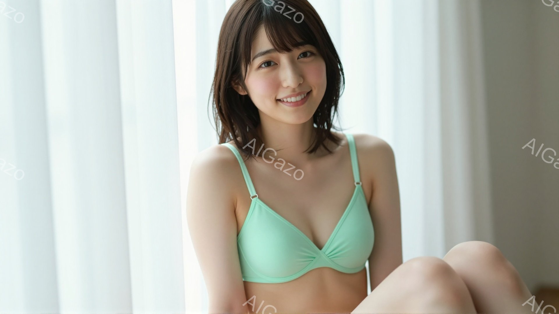 明るい照明の下、若い女性が薄いミントグリーンのブラレットを着て座っています。彼女は膝を曲げ、少し体を傾けて微笑んでおり、自然な笑顔が印象的です。背景には白いカーテンが並んでおり、柔らかい光が彼女を照ら - AI生成フリー素材
