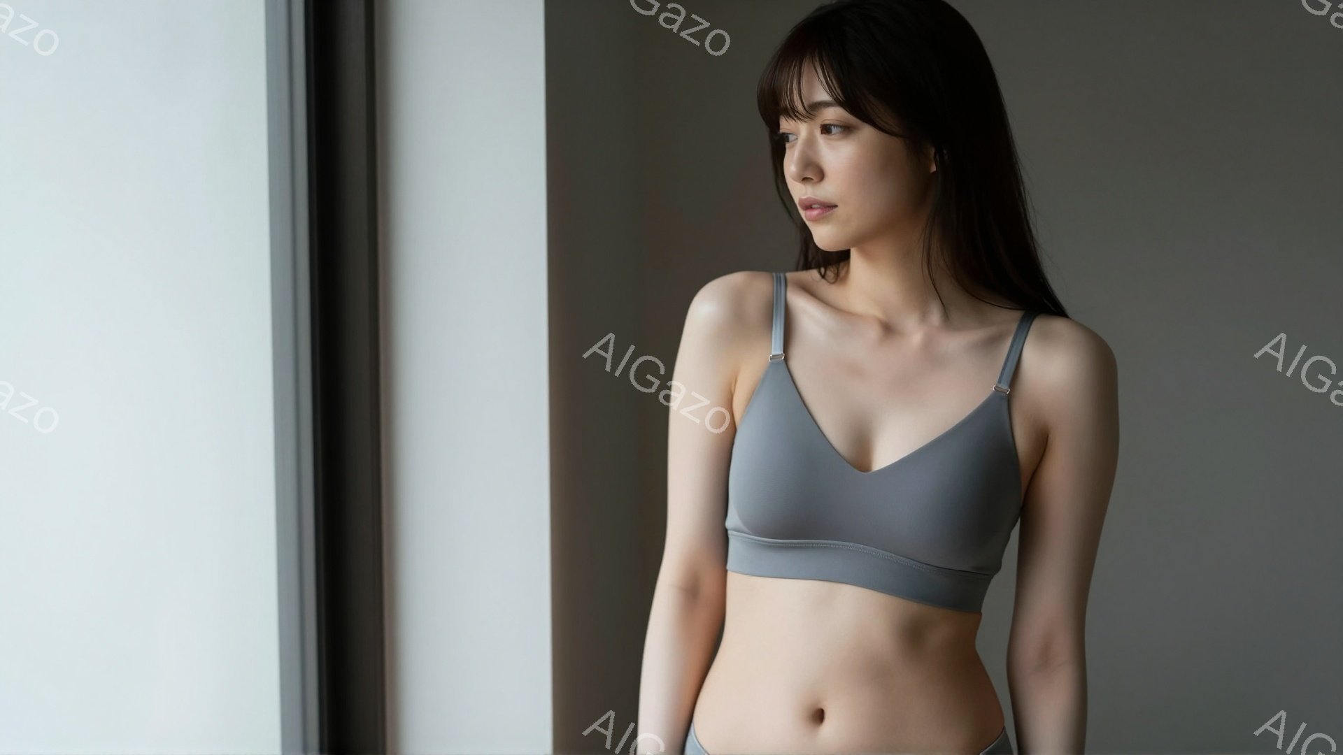 長い黒髪の女性が、グレーのブラレットとショーツ姿で立っている。彼女は少し憂いを帯びた表情で、どこか遠くを見つめている。背景は白い壁で、部屋の窓枠が一部見え、全体的に落ち着いた静謐な雰囲気を醸し出している。