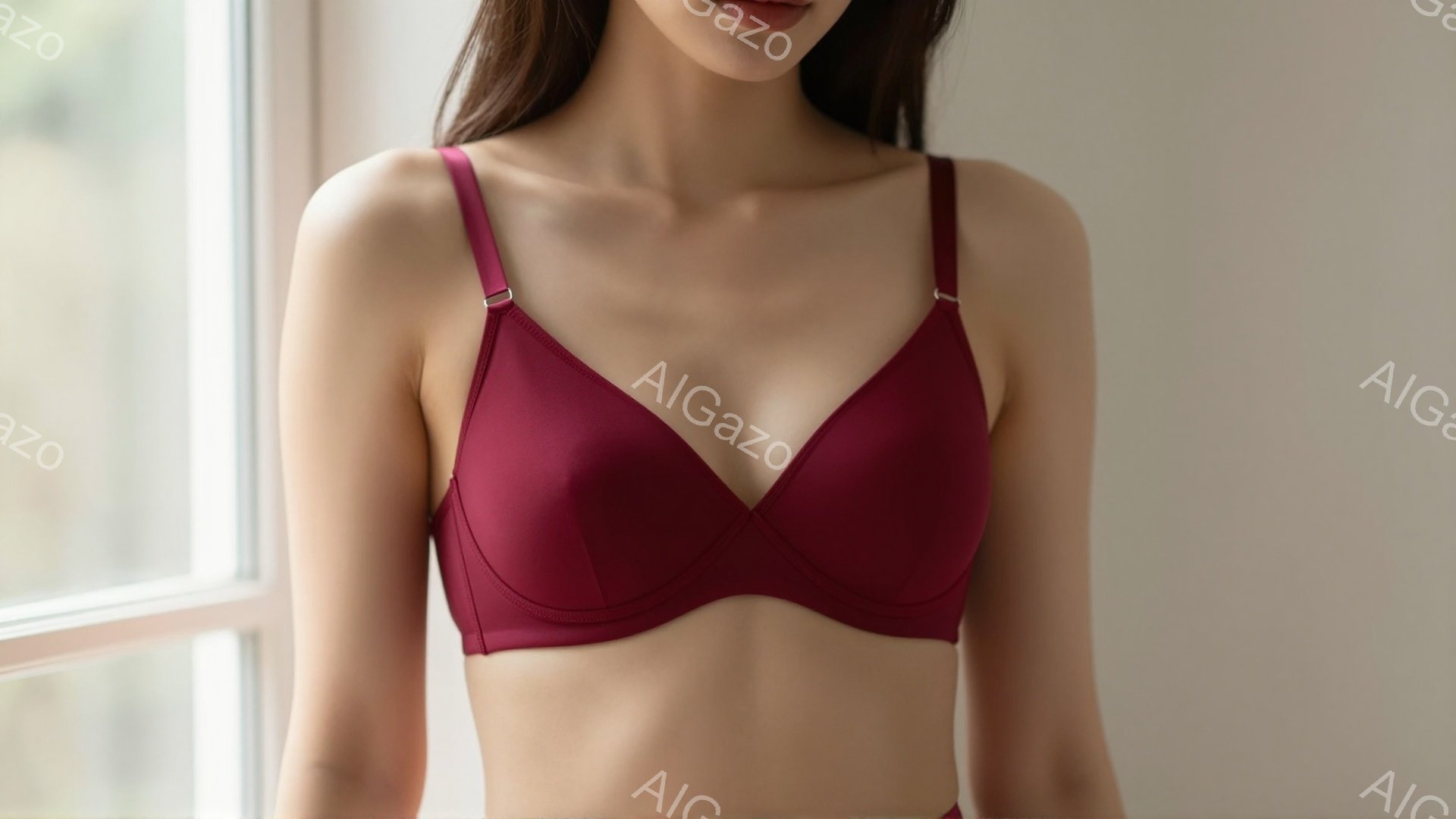 明るい背景を背景に、赤いブラジャーを着用した女性の上半身が写っています。彼女は正面を向き、自然な姿勢で立っており、表情ははっきりとは見えません。柔らかい光が彼女の肌を照らし、全体的に清潔で穏やかな雰囲気を醸し出しています。