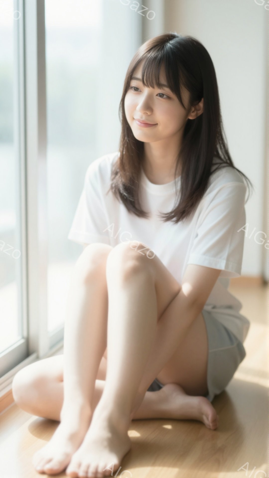 画像は、明るい室内で床に座っている若い女性を捉えています。彼女は白いTシャツと短いパンツを着ており、足は裸です。彼女は軽く微笑み、リラックスした表情で、柔らかい光が彼女を照らしています。