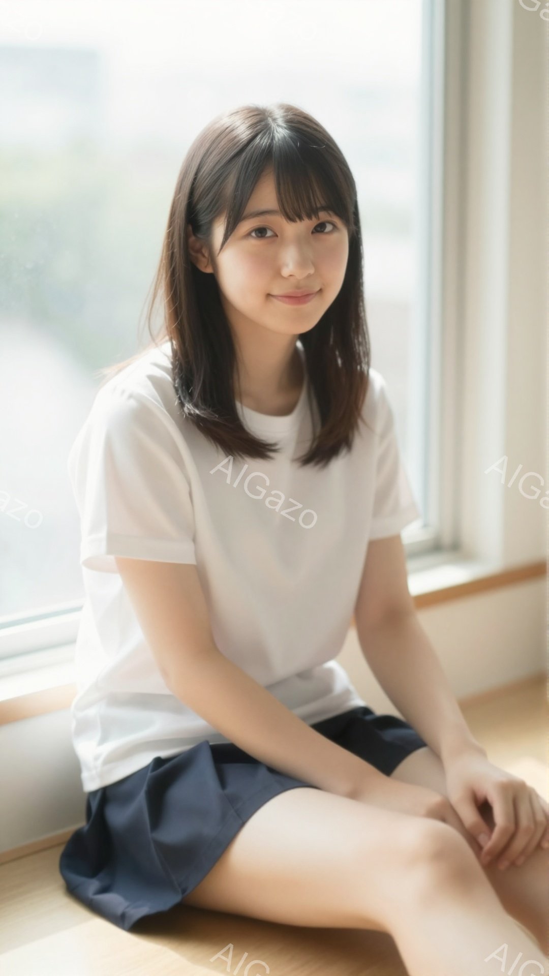 こちらの画像には、白いTシャツと紺色のスカートを着た若い女性が写っています。彼女は床に座っており、少し微笑んでいます。背景には窓があり、自然光が差し込んで明るい雰囲気を作り出しています。