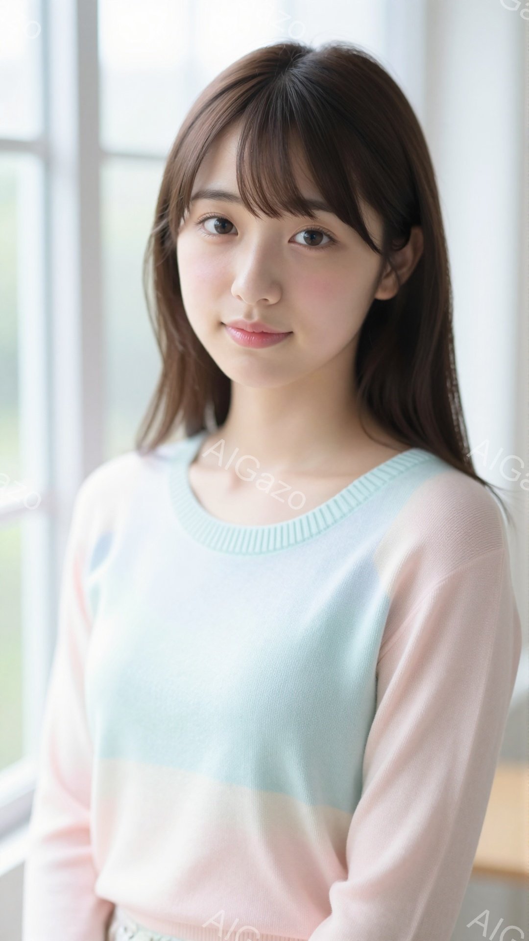 長い黒髪にふんわりとした前髪が特徴的な女性が写っています。淡いミントグリーンとピンクのブロックカラーのセーターを着ており、優しい笑顔を浮かべています。背景はぼかれていますが、窓枠と明るい光が差し込んで - AI生成フリー素材