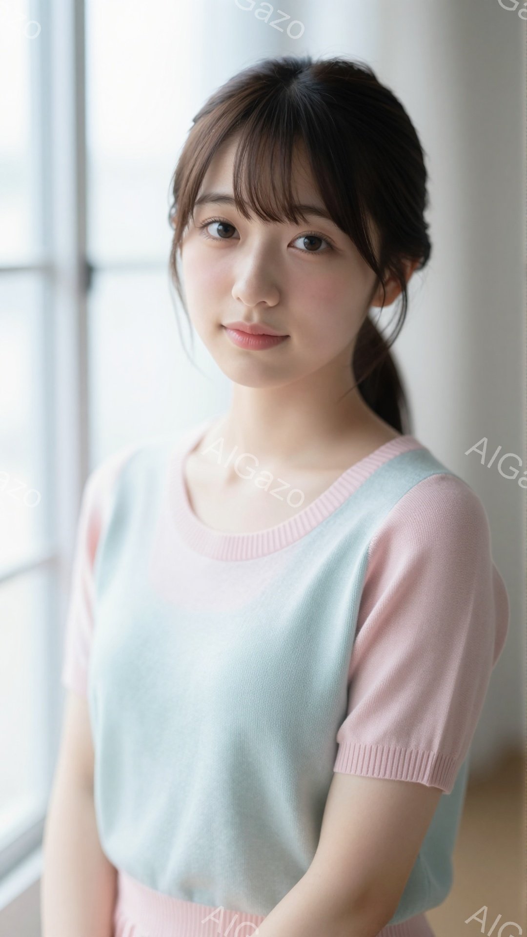 明るい背景の前で、若い女性が穏やかな微笑みを浮かべて立っています。彼女は、薄いミントグリーンとピンクの組み合わせのセーターを着ており、髪は軽くカールして後ろでまとめています。全体的に、柔らかく親しみや - AI生成フリー素材