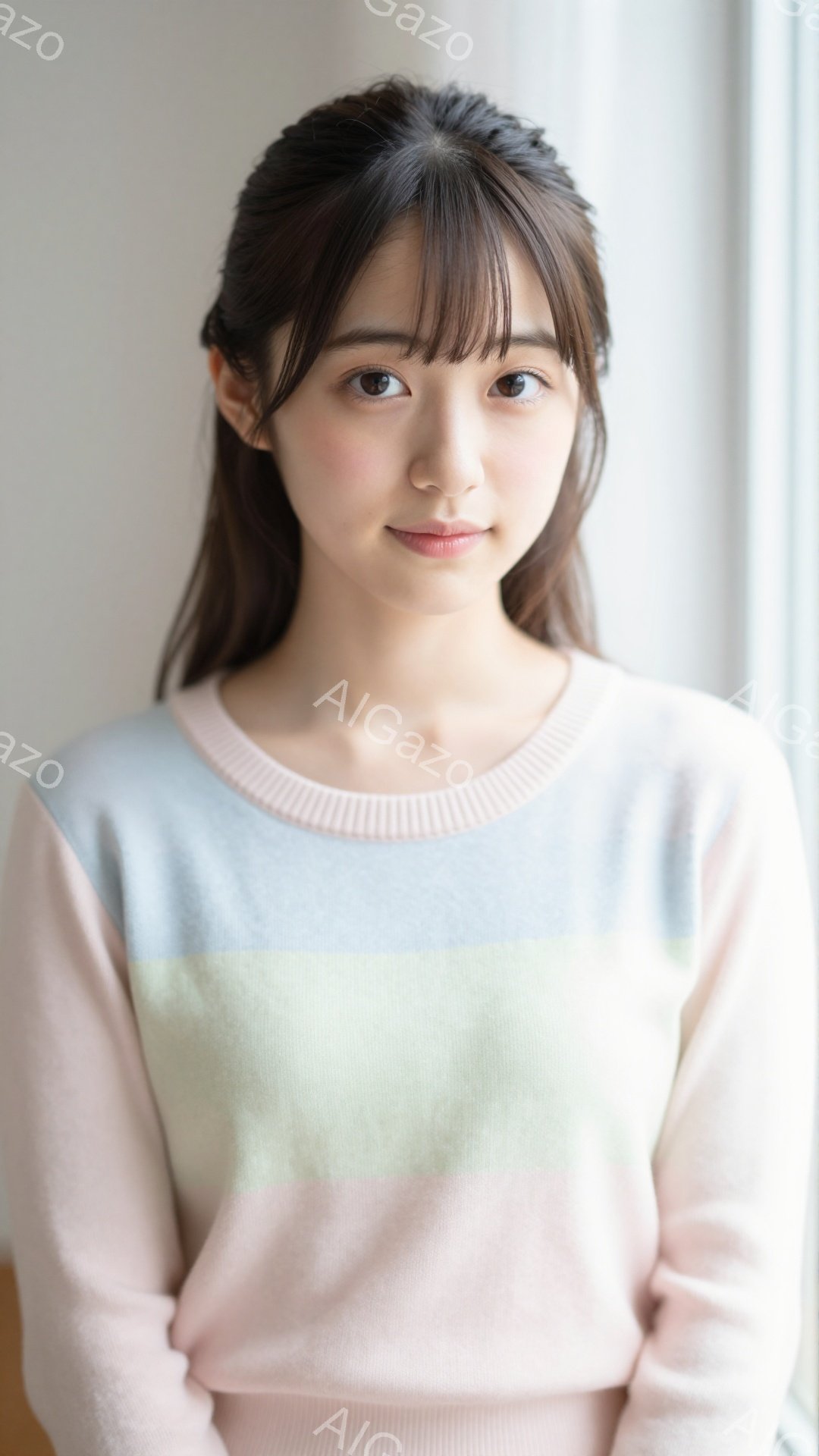 画像には、ピンク、水色、ミントグリーンのストライプのセーターを着た若い女性が写っています。彼女は髪を半ばアップにしており、穏やかな微笑みを浮かべて正面を見ています。背景はぼやけており、窓からの自然光が彼女を照らしています。