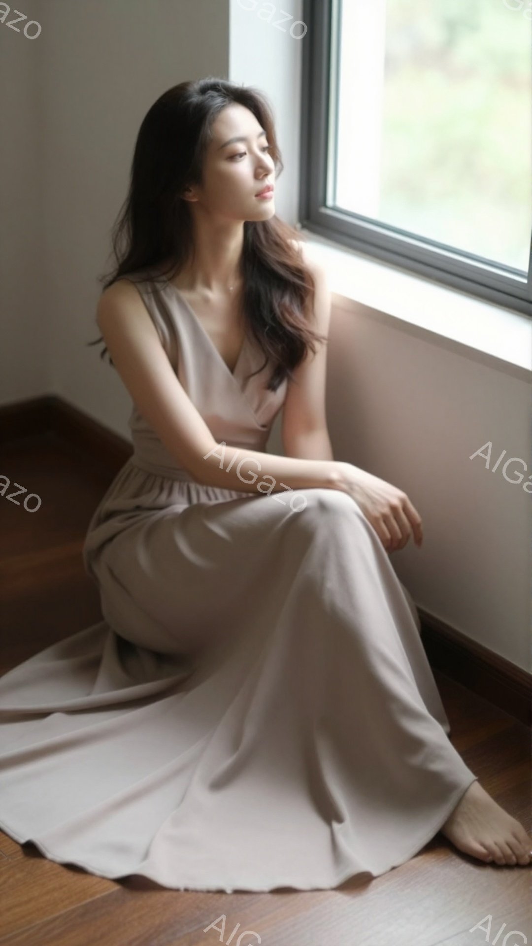 長いベージュのドレスを着た女性が、窓辺の床に座っている。彼女は足を組み、少し上を見つめるように顔を上げ、穏やかな表情をしている。背景はシンプルな壁と窓で、全体的に柔らかく、落ち着いた雰囲気である。