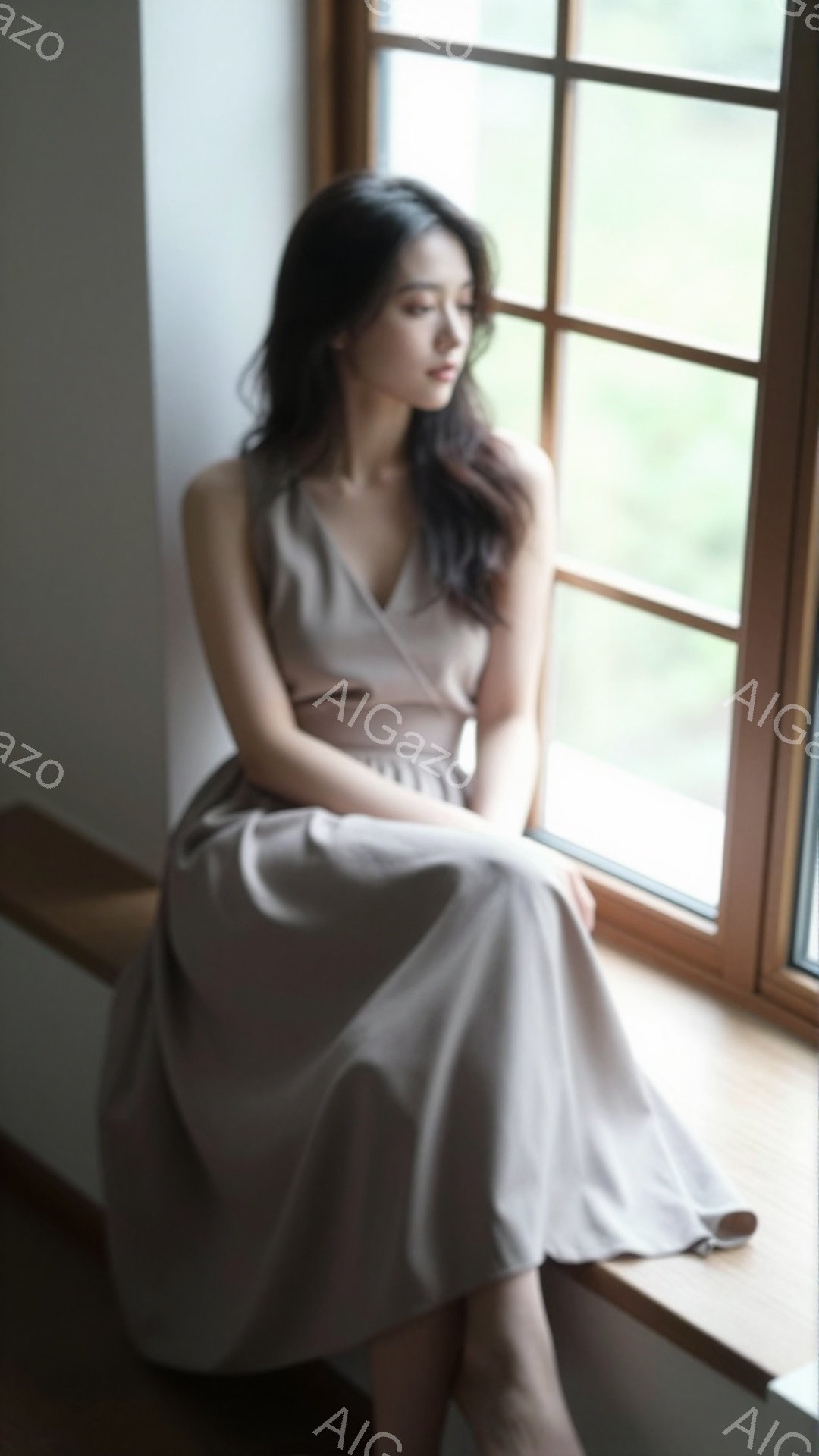 長い黒髪をなびかせた女性が、窓枠に腰掛けて物憂げな表情を浮かべている。淡いベージュ色のキャミソールワンピースを身につけ、落ち着いた雰囲気を醸し出している。背景にはぼんやりとした緑が見え、穏やかで静寂な空間が感じられる。