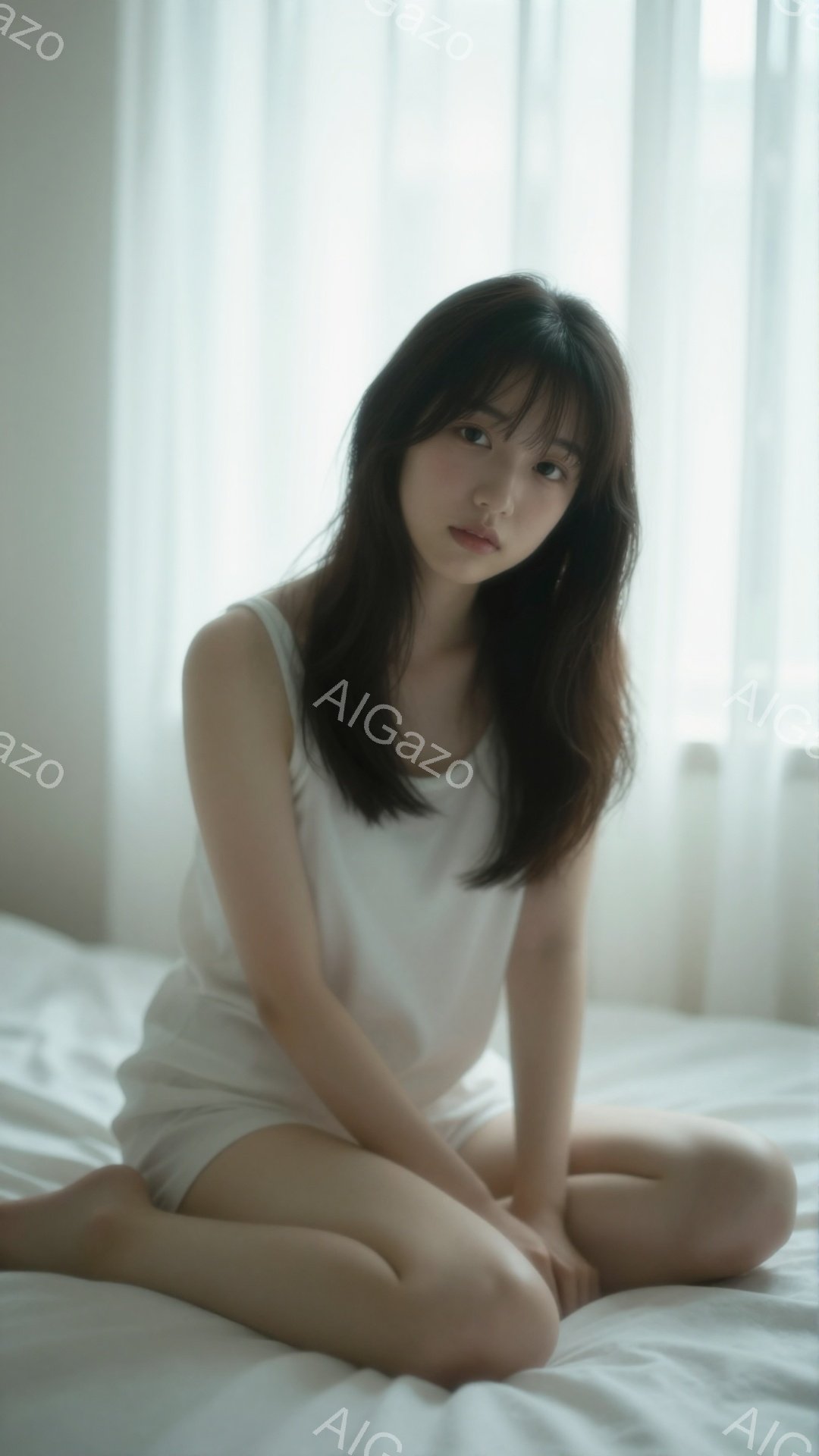 長い黒髪の女性が白いベッドの上に座っています。シンプルな白いタンクトップを着ており、少し憂いを帯びた表情でカメラを見つめています。背景はぼやけていますが、白いカーテンと光が差し込む窓が見え、全体的に柔 - AI生成フリー素材