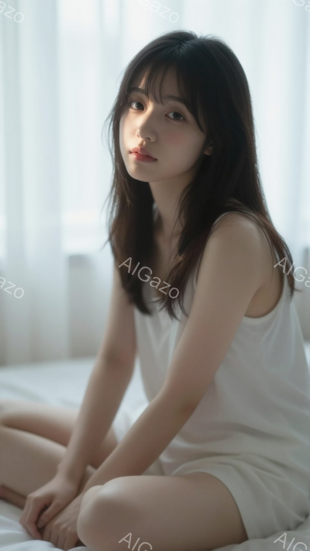彼女は白いキャミソールと短パン姿で、ベッドの上に座っている。髪は長く黒く、少しウェーブがかかっており、表情は穏やかで少し物憂げだ。背景はぼやけているが、窓からの自然光が差し込んでおり、全体的に柔らかく - AI生成フリー素材