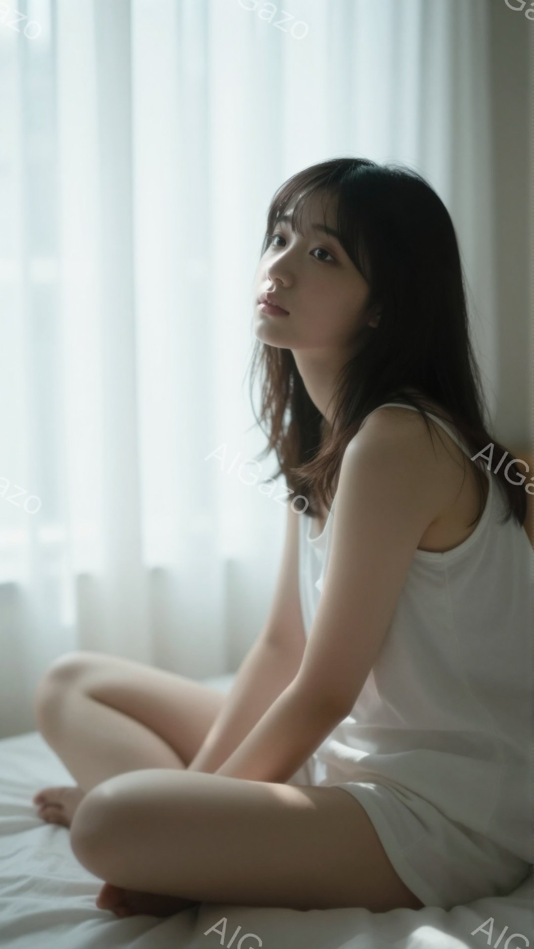 室内で、白いタンクトップと短パンを着た若い女性がベッドに座っている。彼女は黒髪で、わずかに微笑み、リラックスした表情をしている。背景はぼやけており、窓から差し込む光が柔らかく女性を照らし、穏やかな雰囲気を醸し出している。