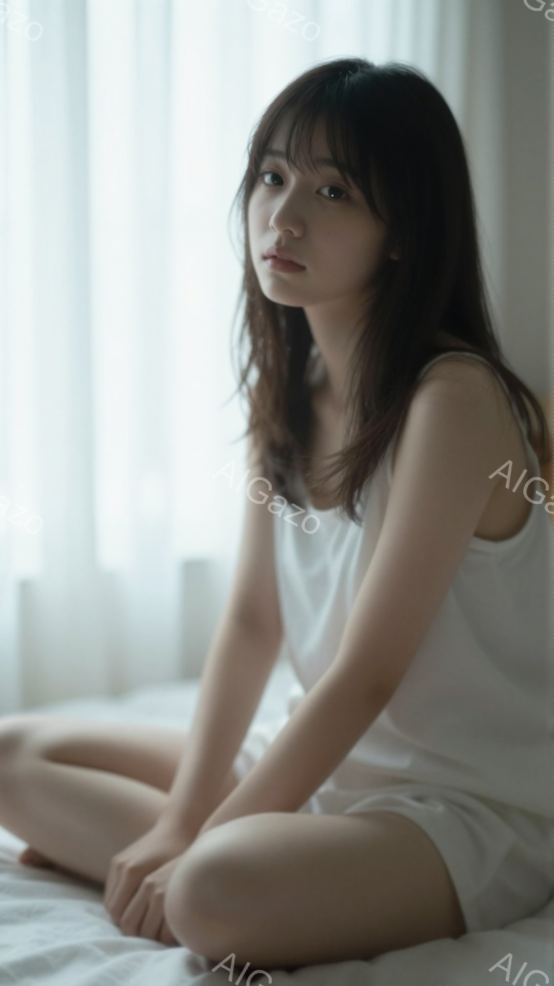 黒髪の女性が白いタンクトップと短パン姿で、ベッドに膝を抱えて座っている。彼女は少し憂いを帯びた表情で、カメラの方を向いているが、視線はどこか遠くを見つめている。背景は白くぼやけており、穏やかで静謐な雰 - AI生成フリー素材