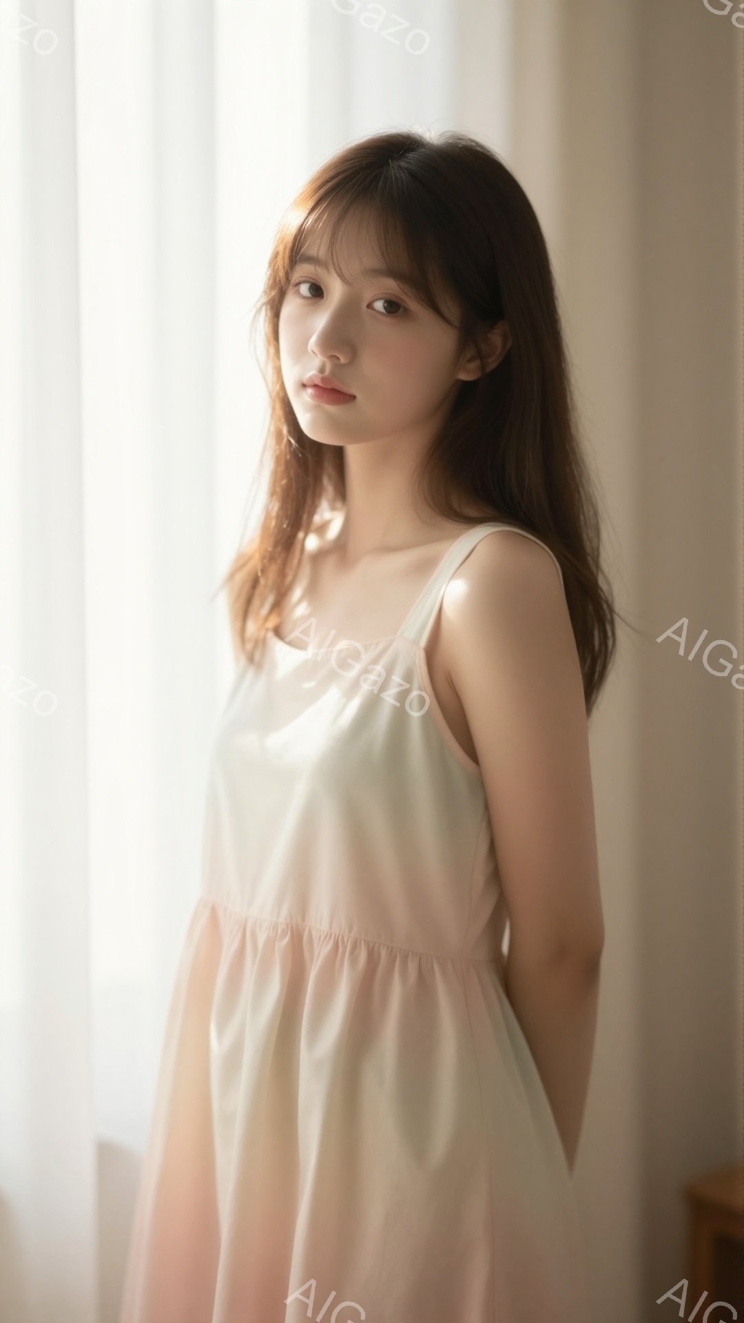 長い茶色の髪を肩にかける女性が写っています。彼女は薄いピンク色のキャミソールワンピースを着ており、表情は穏やかで、少し微笑んでいるように見えます。背景は白いカーテンで、柔らかい光が差し込み、全体的に優しい雰囲気を醸し出しています。