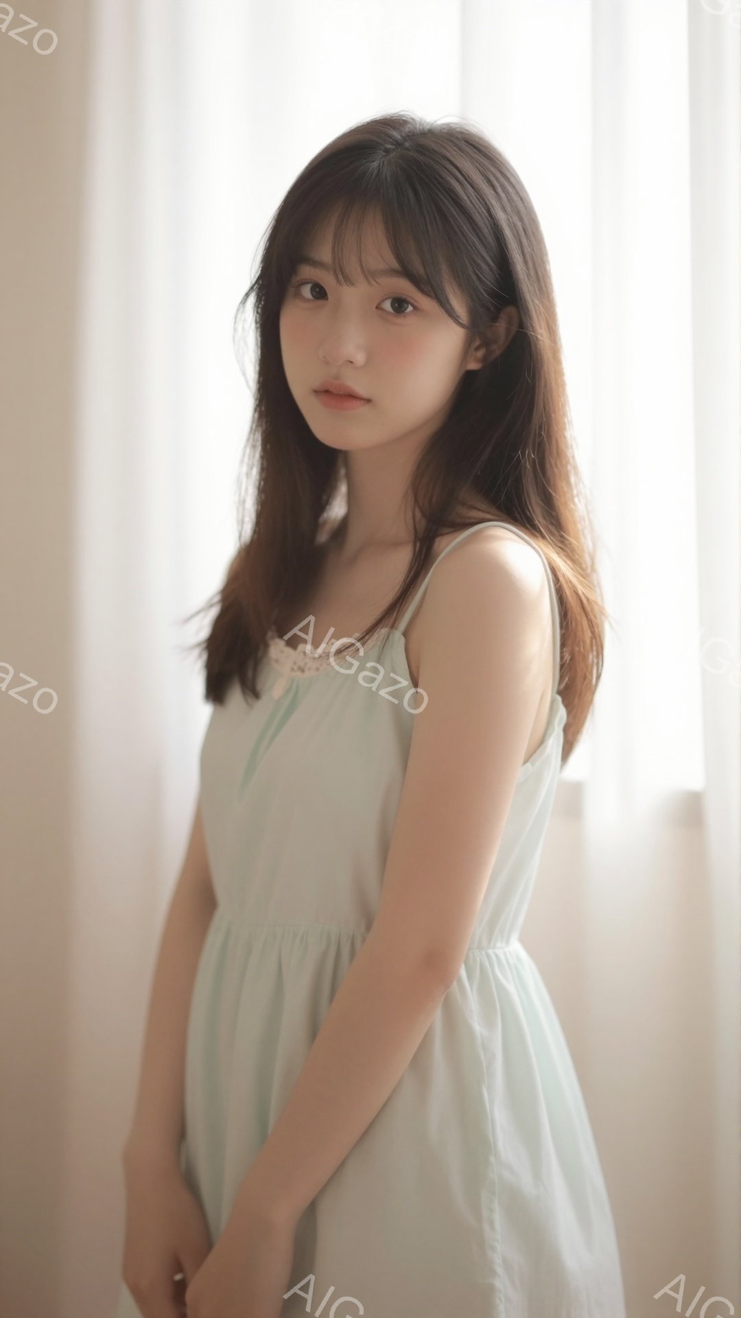 柔らかい光の中で、淡い水色のキャミソールワンピースを着た若い女性が立っています。彼女は肩までの長さの茶髪で、少し微笑んでいます。背景はぼやけた白いカーテンで、全体的に穏やかで優しい雰囲気が漂っています - AI生成フリー素材