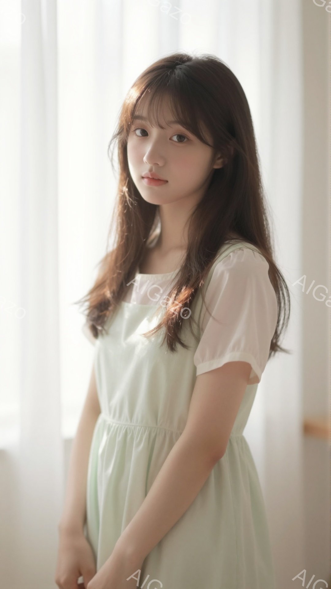 長いダークブラウンの髪は肩にかかり、軽やかなウェーブがかかっています。淡いミントグリーンのワンピースを着ており、柔らかい光が彼女を包み込んでいます。彼女は穏やかな表情で、わずかに微笑んでいるように見え - AI生成フリー素材