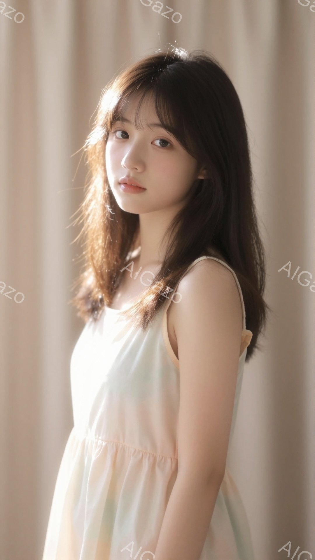 若い女性が、淡いピンクと水色のストライプのキャミソールワンピースを着て立っています。彼女は肩までの長さのダークブラウンの髪を持ち、穏やかな表情で正面を見ています。背景はぼやけた淡い色合いで、柔らかく優しい雰囲気を醸し出しています。