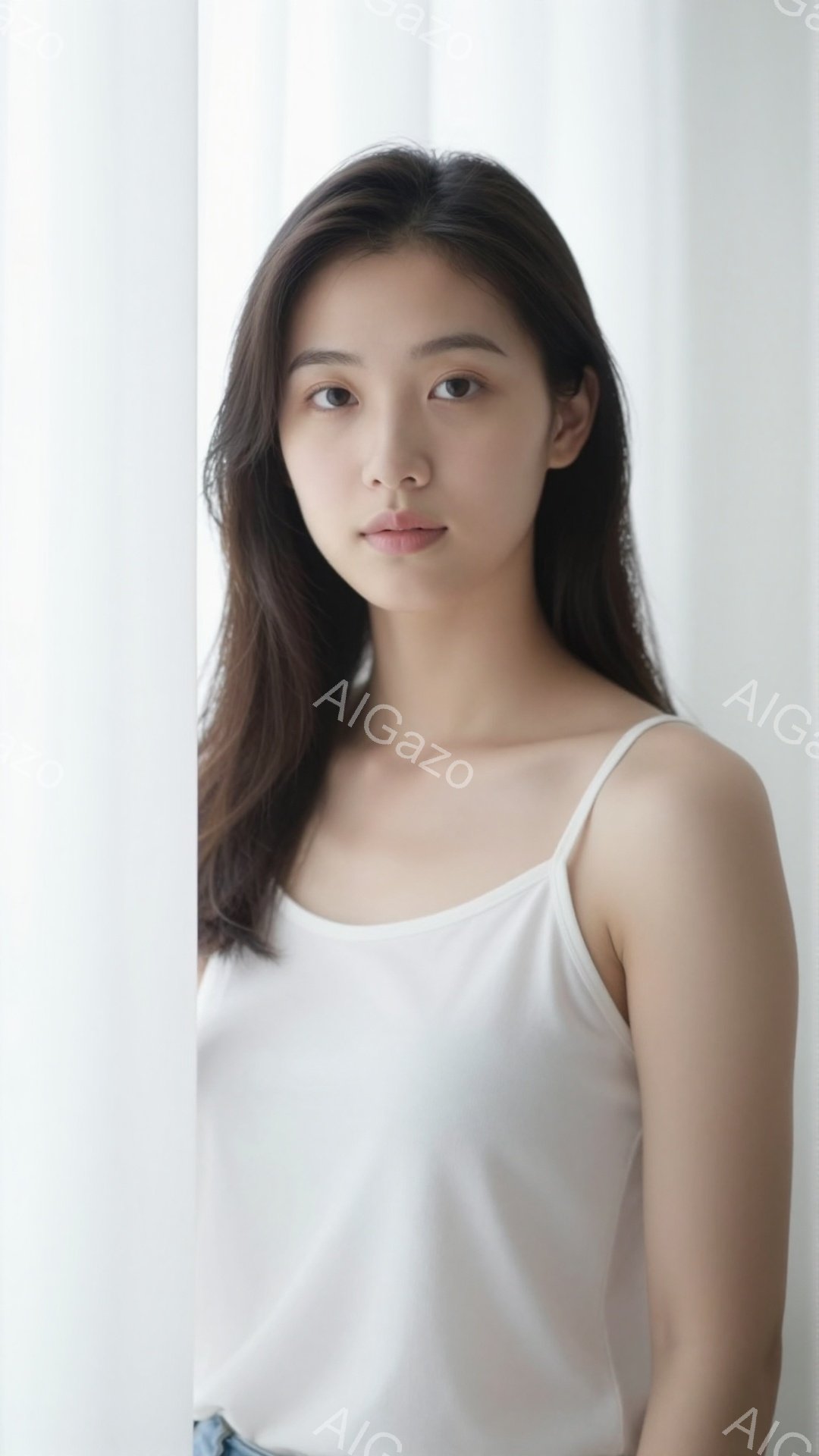 長い黒髪を無造作に垂らした若い女性が写っている。白いキャミソールとデニムのボトムスを着用し、わずかに微笑んだ表情でカメラを見つめている。背景は白いカーテンで、全体的に柔らかく、自然な雰囲気である。