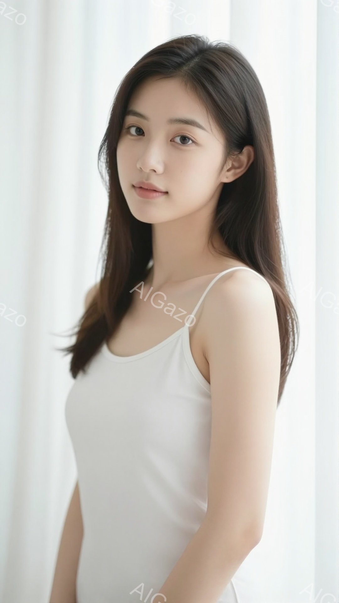 長い黒髪を肩まで伸ばした若い女性が、白いキャミソールを着て正面を向いています。彼女は穏やかな表情で、少し微笑んでいるように見えます。背景は白くぼやけており、人物が際立っています。 - AI生成フリー素材