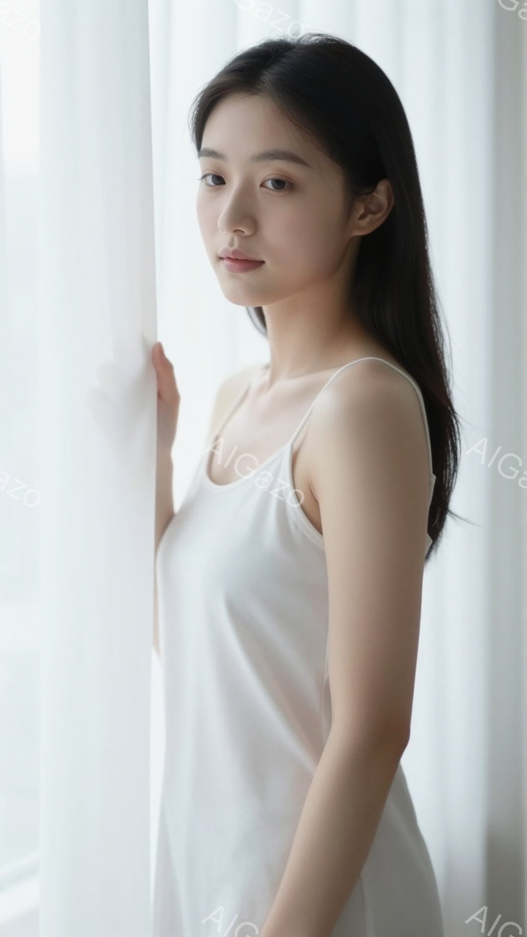 長い黒髪を肩から下で伸ばした女性が、白いキャミソールを着て、白いカーテンのそばに立っています。彼女はわずかに微笑み、カメラの方を見ており、リラックスした姿勢で、穏やかで優しい雰囲気を醸し出しています。 - AI生成フリー素材