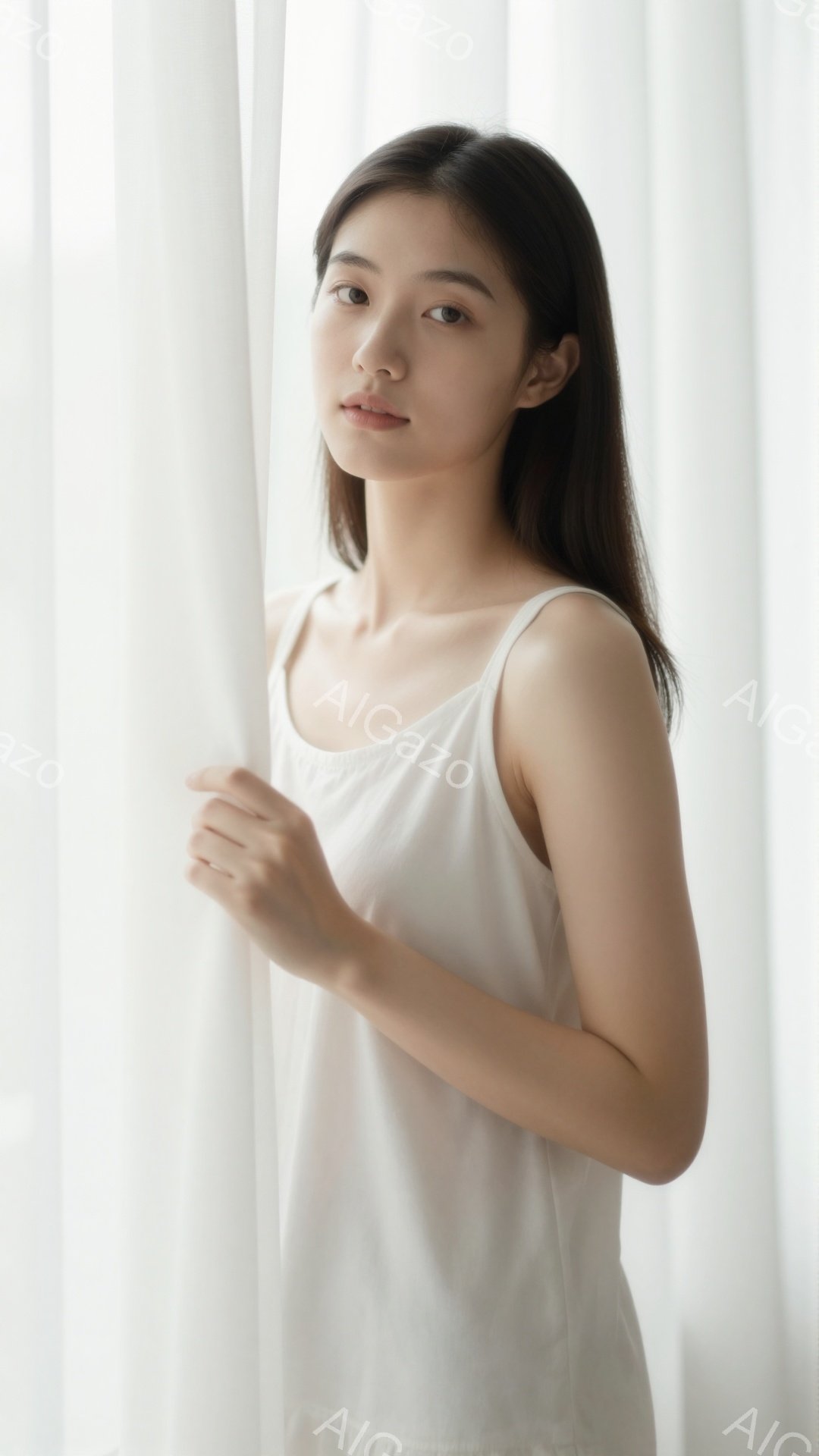 長い黒髪を後ろに垂らし、白いキャミソールを着た若い女性が立っている。彼女は少し微笑んでおり、片手を軽く握り、リラックスした姿勢で窓辺に立っているように見える。背景は白いカーテンで、全体的に柔らかく、穏 - AI生成フリー素材