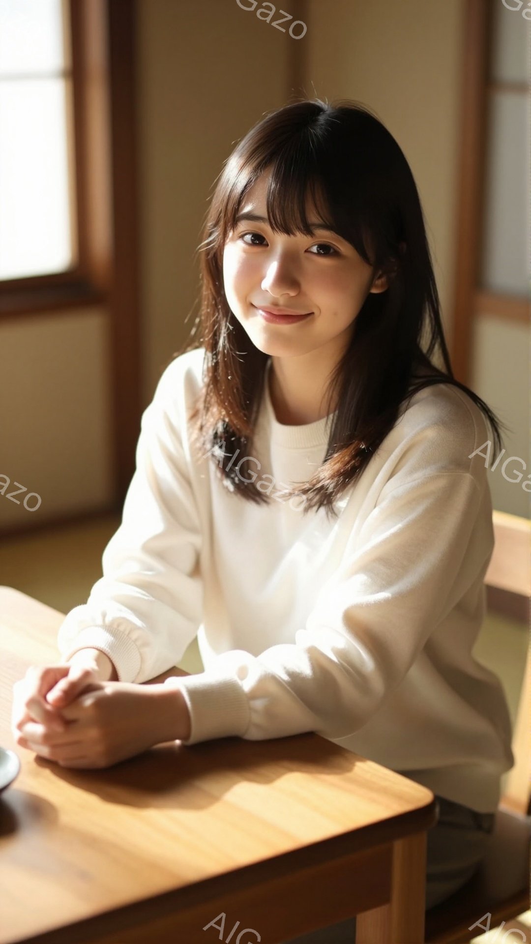 画像は、明るい茶色の木のテーブルに肘をついて座っている若い女性を写しています。彼女は白いセーターを着ており、暗い髪は肩にかかる長さで、顔の周りにふさふさとした前髪があります。彼女は微笑んでおり、温かく穏やかな雰囲気を醸し出しています。