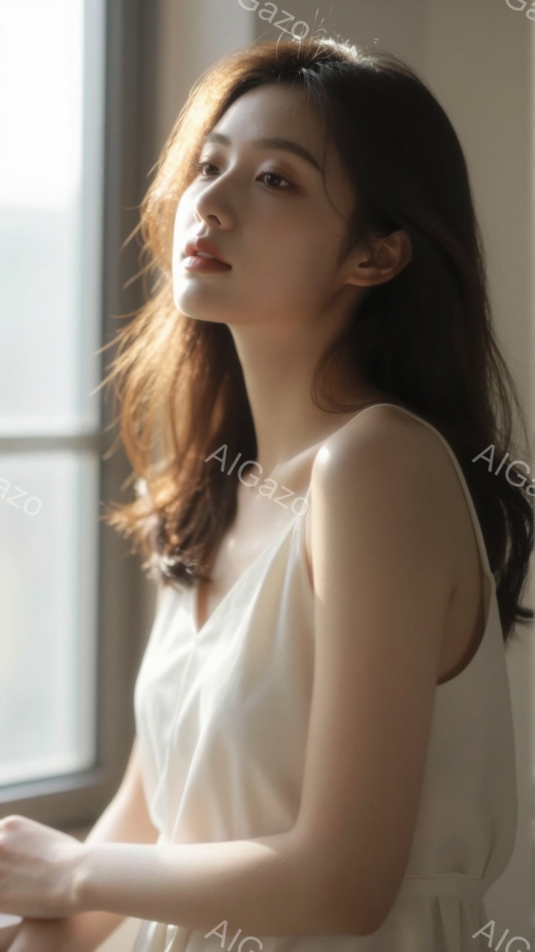 長い黒髪を肩にかけた女性が、白いキャミソールドレスを着て、窓辺で横を向いています。彼女の表情は穏やかで、どこか物憂げです。背景はぼやけていますが、窓枠と薄明るい室内がうかがえ、全体的に柔らかく、夢見が - AI生成フリー素材