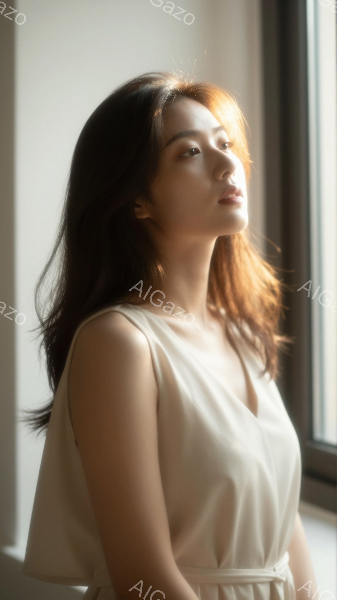 光沢のあるベージュのキャミソールドレスを着た女性が、窓からの柔らかい光を浴びて描かれています。彼女は少し顔を上げ、遠くを見つめ、穏やかな微笑みを浮かべています。背景はシンプルで、窓枠と壁の一部が見える - AI生成フリー素材