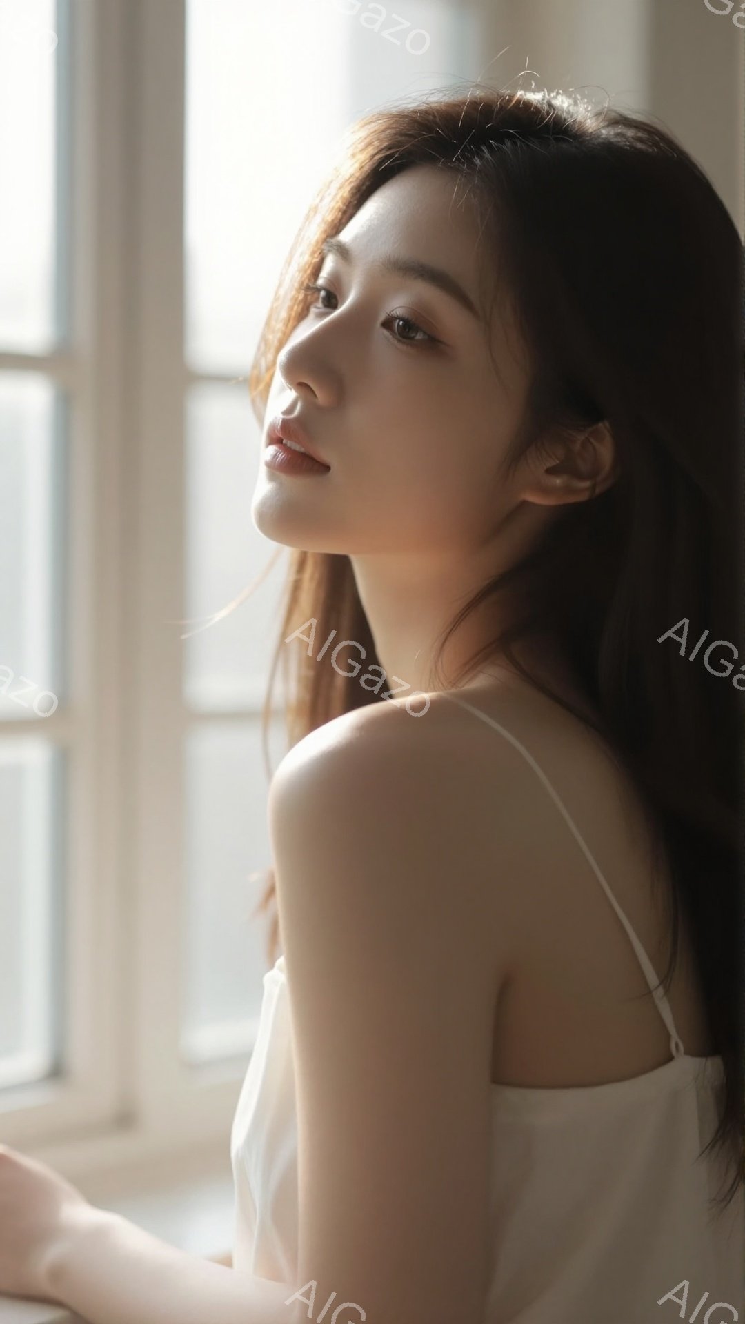 長い黒髪をセンターパートにした若い女性が、白いキャミソールを着て窓辺に立っている。彼女は少し上目遣いで、穏やかな微笑みを浮かべ、リラックスした雰囲気を醸し出している。背景はぼやけており、窓から差し込む柔らかな光が彼女を照らし、全体的に優しく暖かい空気を醸し出している。