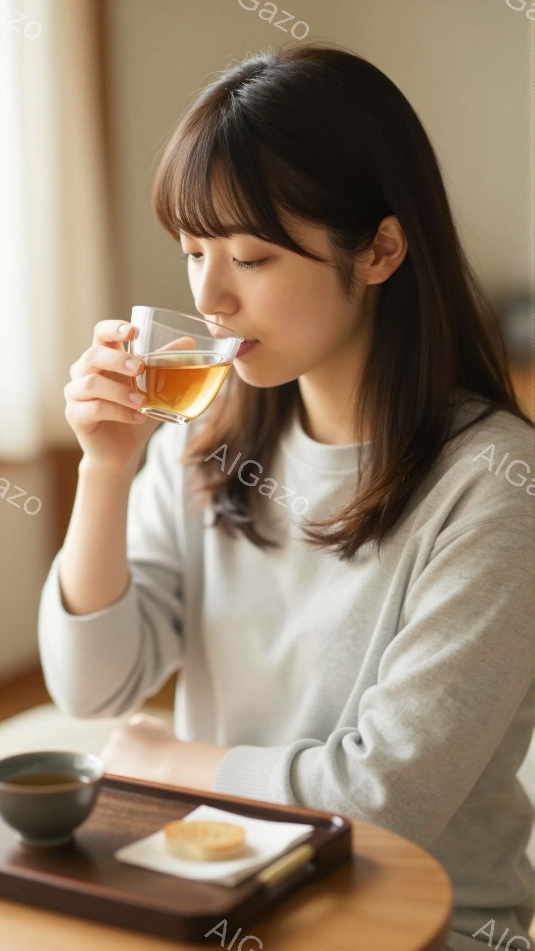 柔らかな光の中で、女性が温かいお茶を飲んでいる様子が描かれています。彼女はゆったりとしたグレーのセーターを着ており、前髪を下ろしたナチュラルなヘアスタイルです。テーブルの上には茶碗と和菓子が置かれ、穏やかで落ち着いた雰囲気が漂っています。