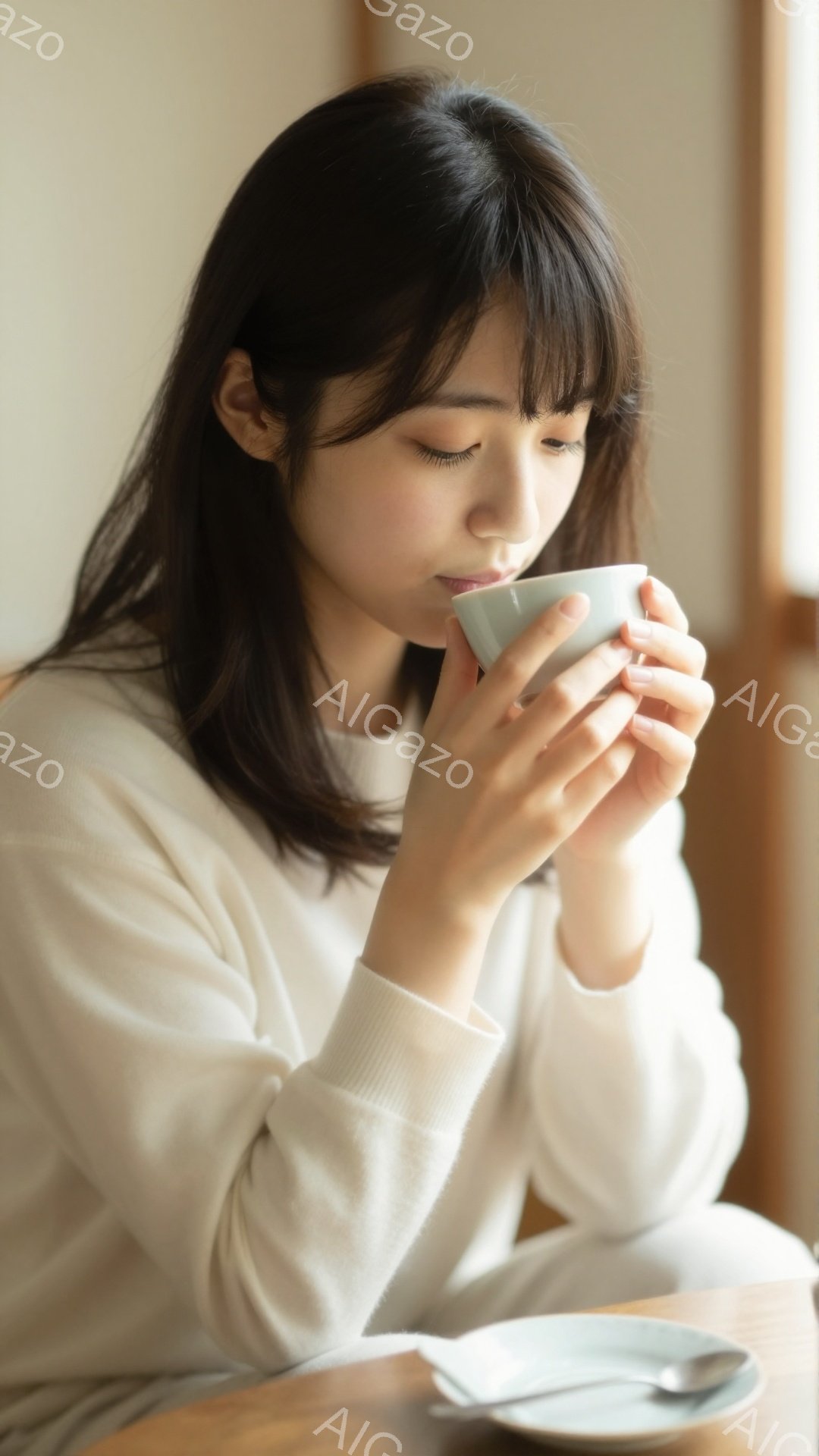 長い黒髪を耳にかかった女性が、温かい飲み物を両手で抱えて飲んでいます。白いセーターを着ており、優しい表情で、リラックスした雰囲気が漂っています。背景には木製のテーブルと、ぼんやりとした光があり、穏やかで心地よい空間を表しています。