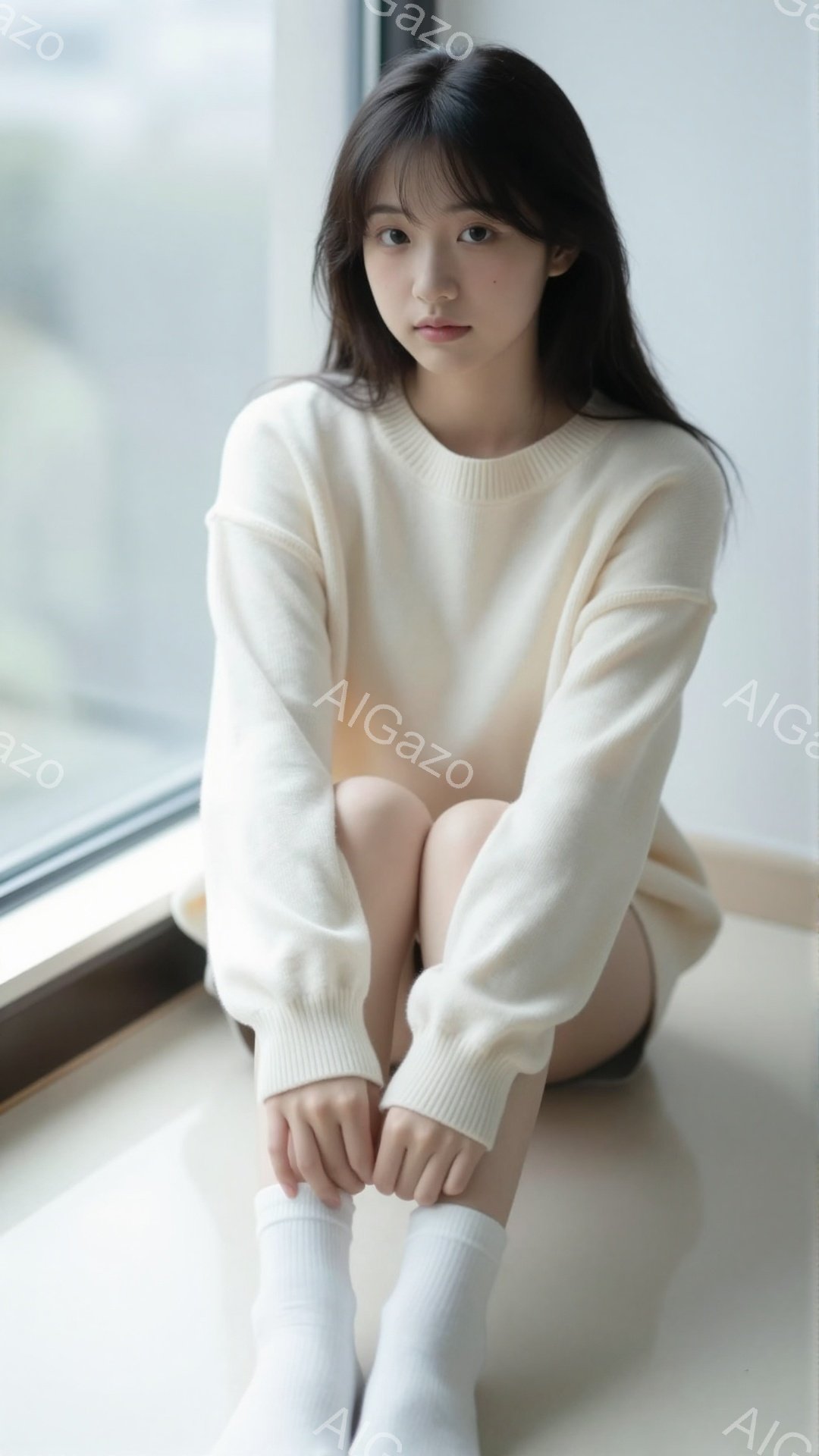 長い黒髪の女性が、クリーム色のオーバーサイズのセーターと白い靴下を履いて、窓枠に座って膝を抱えています。彼女は穏やかな表情で、少し憂いを帯びた視線をカメラに向けています。背景はぼやけており、窓の外には建物が見えますが、全体的に柔らかく、落ち着いた雰囲気です。