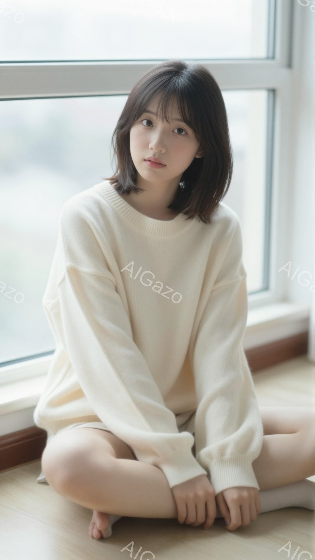 ショートヘアの女性が床に座り、クリーム色のオーバーサイズのセーターを着ています。彼女は穏やかな表情で、リラックスした姿勢を見せています。背景にはぼやけた窓と、高層ビルが見え、全体的に柔らかく、落ち着い - AI生成フリー素材