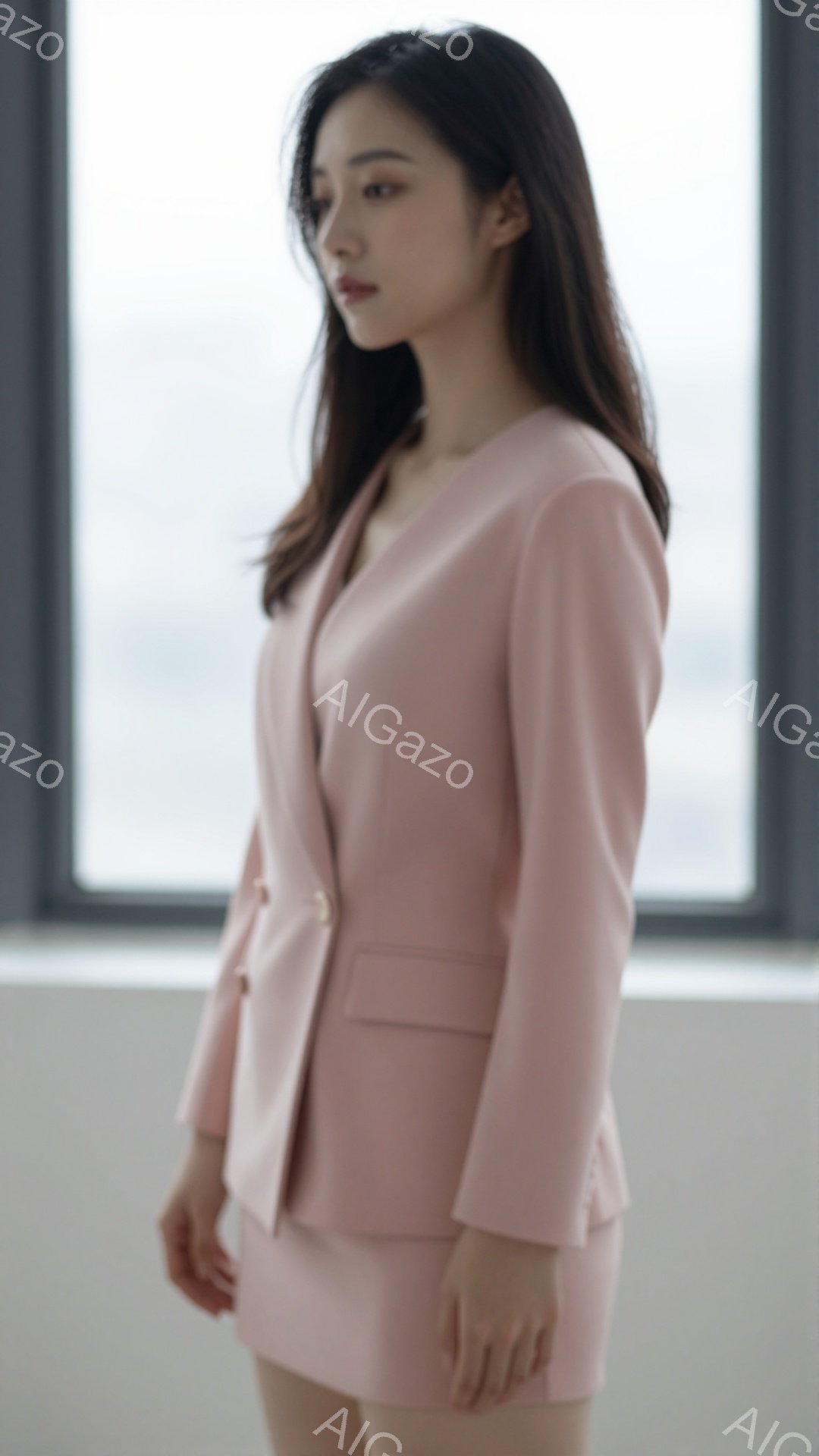 淡いピンク色のスーツを着た女性が、横向きに立っています。彼女は長くストレートな黒髪で、穏やかな表情をしています。背景には大きな窓と、ぼんやりと見える都市の風景が広がっており、全体的に上品で洗練された雰囲気を醸し出しています。