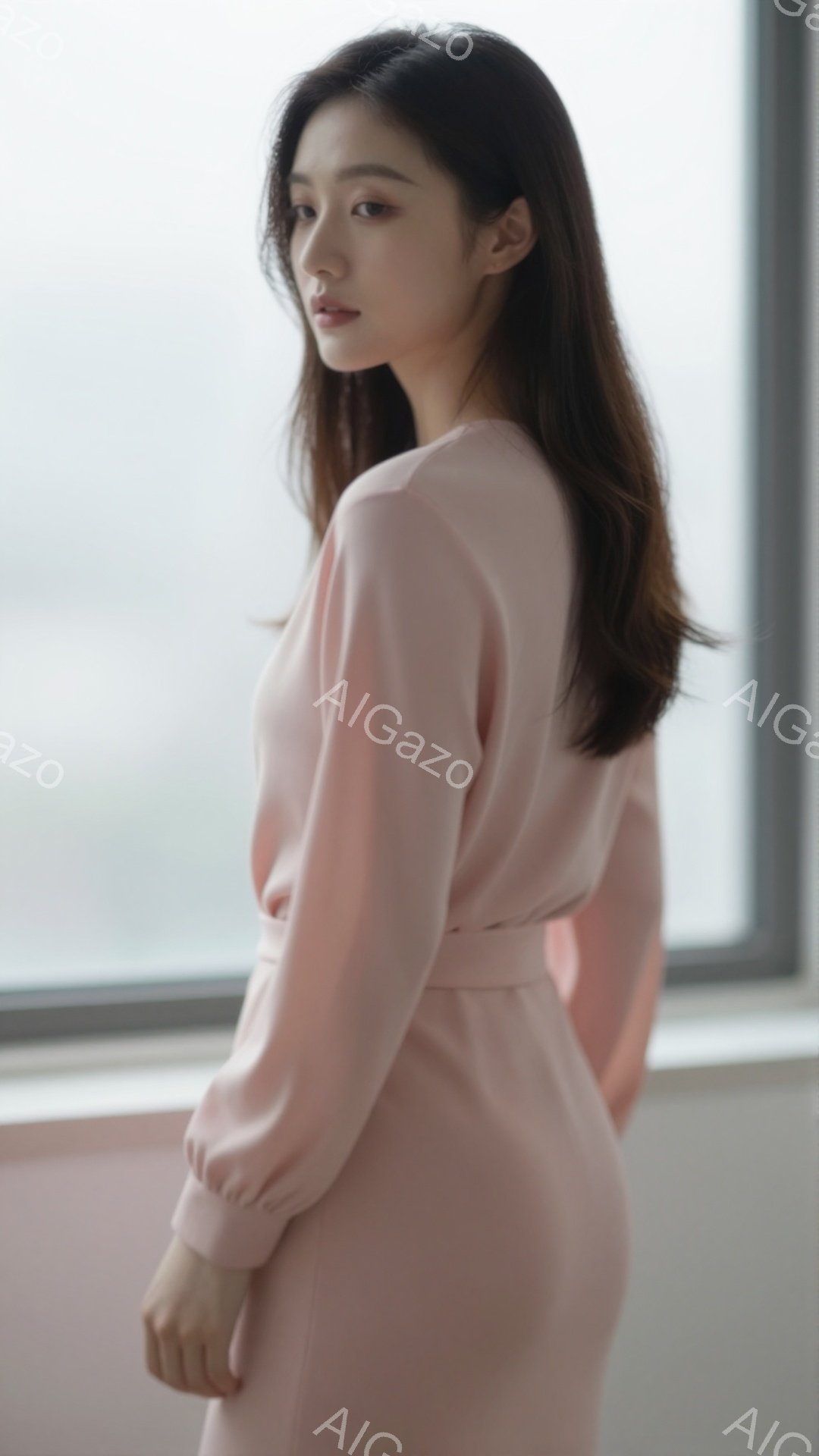 淡いピンク色のワンピースを着た女性が、少し振り返ってこちらを見ている。彼女は長い黒髪で、穏やかな表情を浮かべている。背景は白っぽい壁と窓で、全体的に柔らかく、上品な雰囲気を醸し出している。