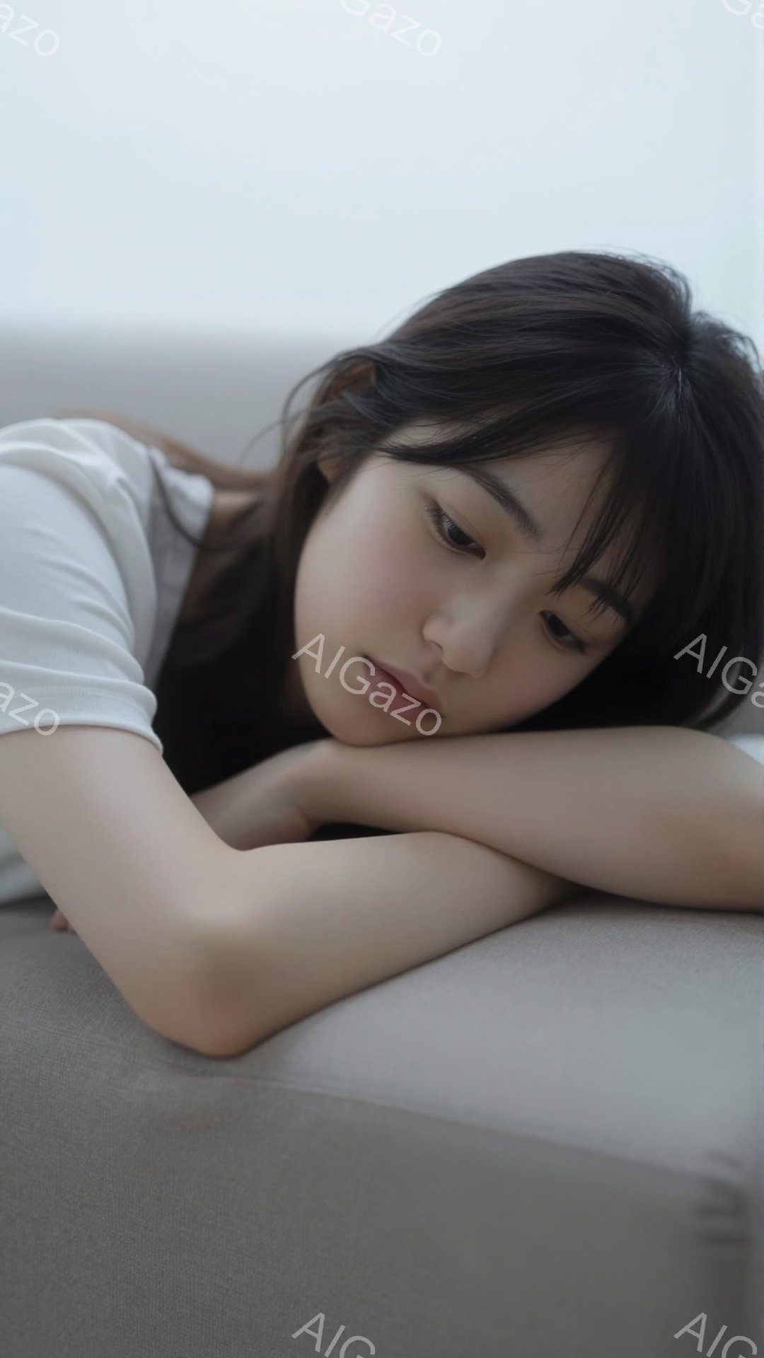 画像は、ベージュ色のソファに肘をついて横たわる若い女性を捉えています。彼女は白いTシャツを着ており、ダークブラウンの髪は無造作に肩にかかっています。憂いを帯びた表情で、どこか物憂げな雰囲気を醸し出して - AI生成フリー素材