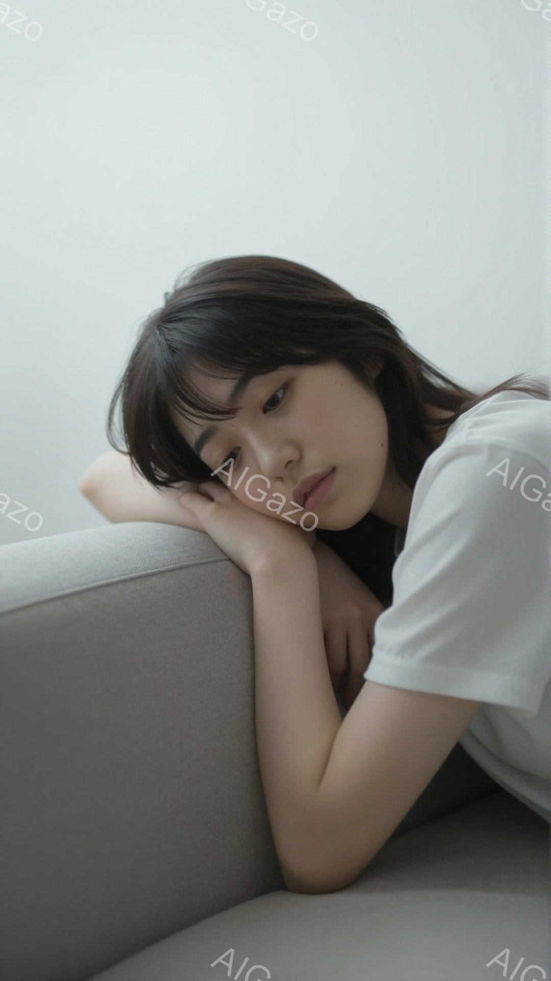 明るい髪の女性が、ベージュ色のソファに肘をついて横たわっています。彼女は白いTシャツを着ており、少し憂いを帯びた表情で遠くを見つめています。背景は白く、室内であることがわかりますが、全体的に落ち着いた - AI生成フリー素材