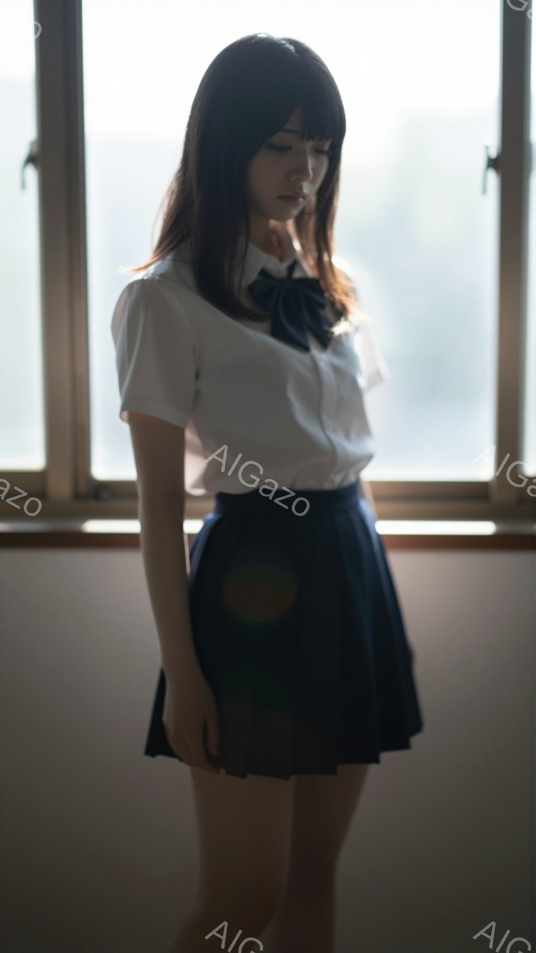画像には、制服を着た若い女性が写っています。彼女は白いブラウスとプリーツの紺色のスカートを着ており、黒いリボンが首に結ばれています。彼女はわずかにうなだれており、視線は下を向いており、全体的に物憂げで内省的な雰囲気を醸し出しています。