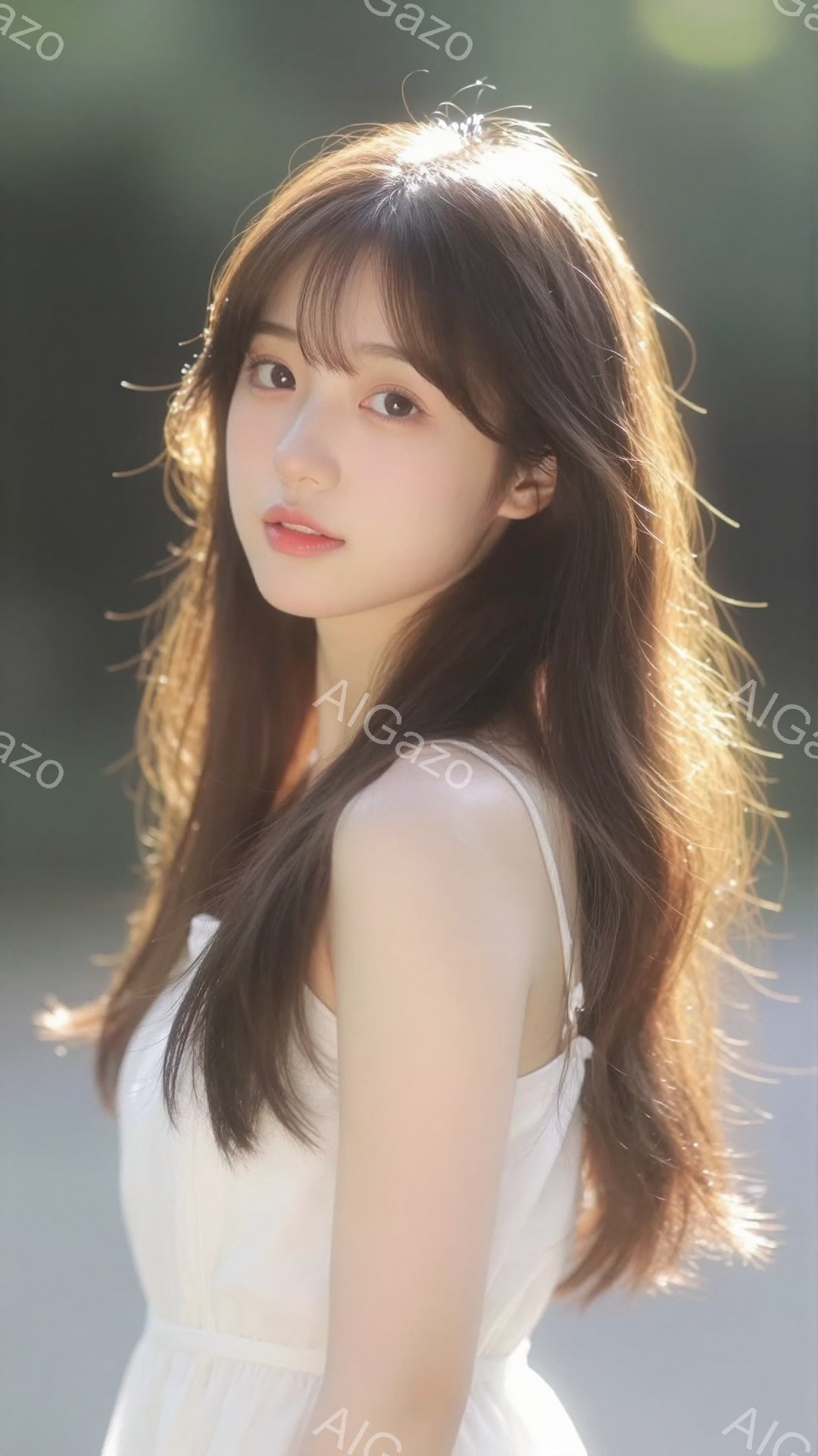 長い茶色の髪を持つ若い女性が、白いキャミソールドレスを着て正面を向いています。彼女はわずかに微笑んでおり、姿勢はリラックスしています。背景は緑豊かな自然で、ぼやけており、光が差し込み、夢のような雰囲気 - AI生成フリー素材