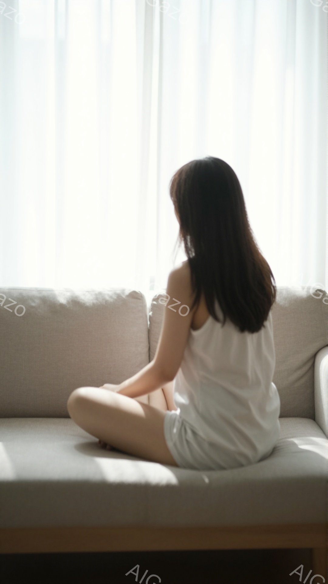長い黒髪の女性が、クリーム色のソファに足を組んで座っている。白いトップスとショーツ姿で、リラックスした雰囲気である。背景にはぼやけた窓があり、柔らかい光が差し込んでいることから、静かで穏やかな室内であ - AI生成フリー素材