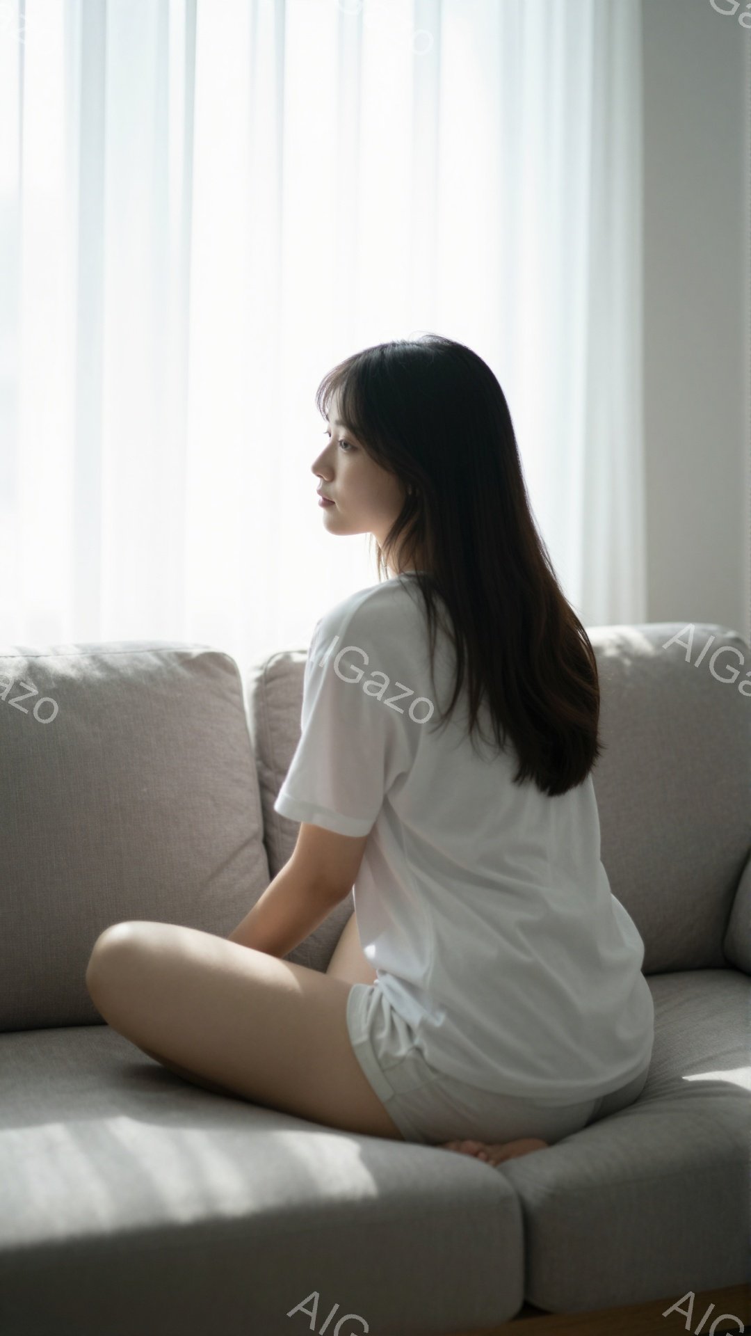 白いTシャツと短いパンツを着た女性が、明るい灰色のソファに座って横を向いています。彼女は長い黒髪で、リラックスした雰囲気で、窓から差し込む柔らかな光が彼女を照らしています。背景はシンプルで、窓から光が差し込み、穏やかで静かな雰囲気を醸し出しています。