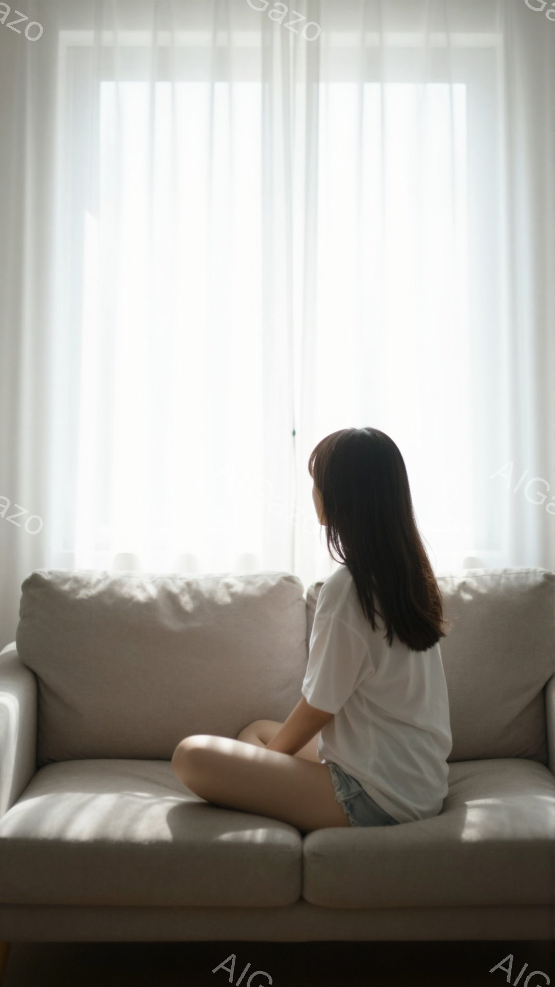 白いTシャツを着た女性が、ベージュ色のソファに座って外を眺めている。彼女は短めの黒髪で、後ろ姿しか見えず、どこか物憂げな雰囲気が漂っている。背景は明るい光が差し込む窓で、カーテンが揺れ、穏やかで静謐な - AI生成フリー素材