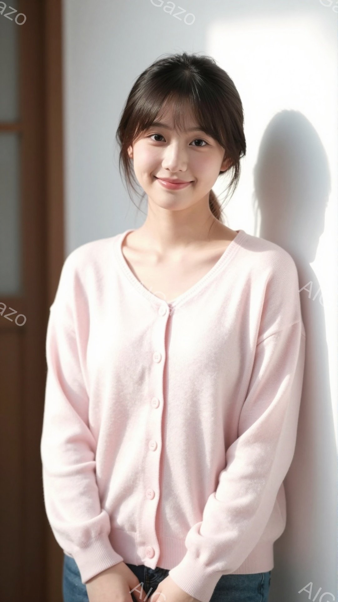 若い女性が、薄いピンク色のカーディガンを羽織り、デニムのジーンズを履いています。彼女は微笑んでおり、髪は肩のあたりで軽くカールし、前髪が少し長めになっています。背景は明るい壁で、彼女は壁に寄りかかってリラックスした姿勢で立っています。