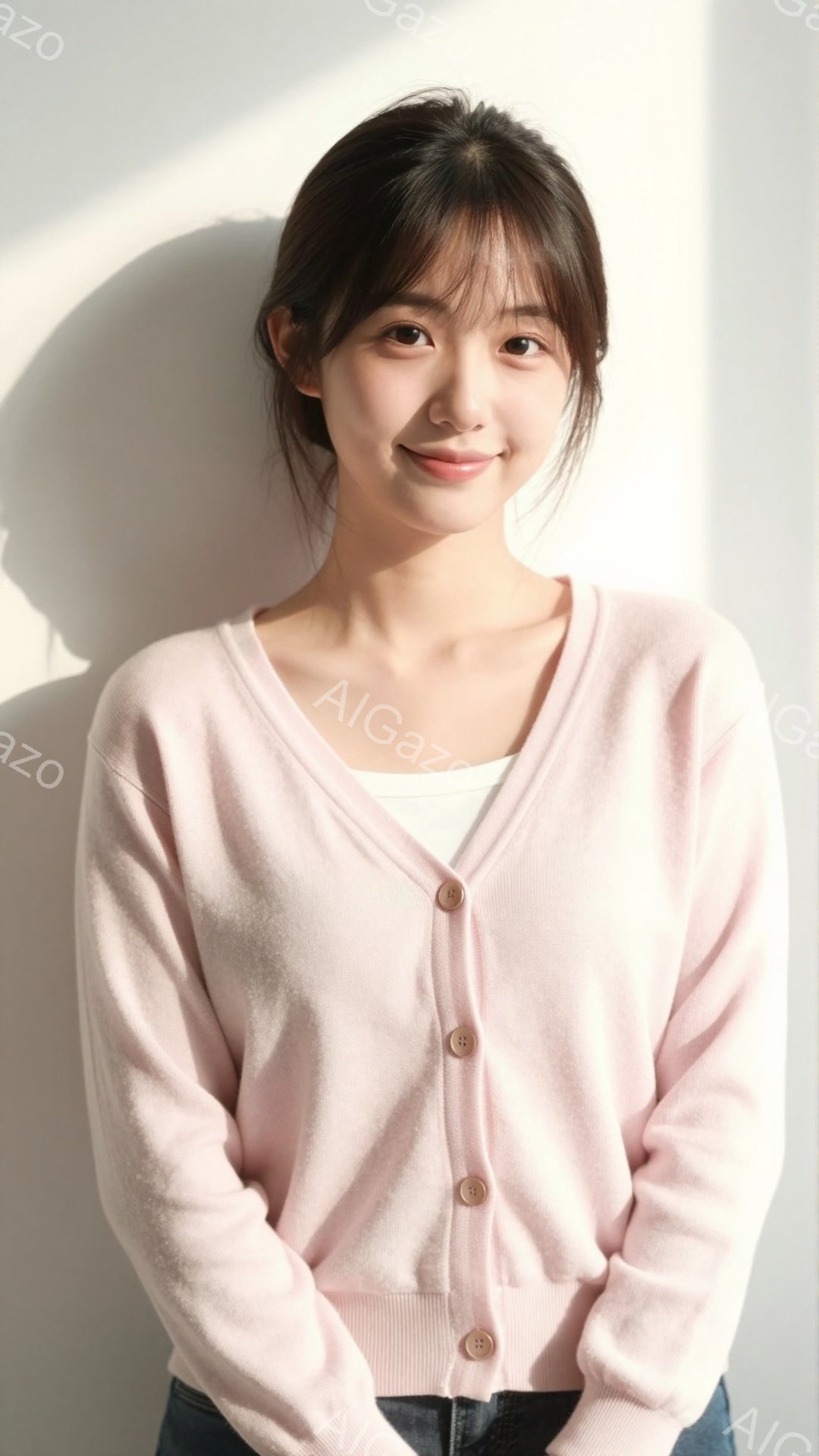 若い女性が、薄いピンク色のカーディガンを着て、白いインナーを覗かせています。彼女は肩までの長さのダークブラウンの髪を軽く巻いており、穏やかな笑顔を浮かべています。背景は白く、影が薄く映っており、全体的 - AI生成フリー素材