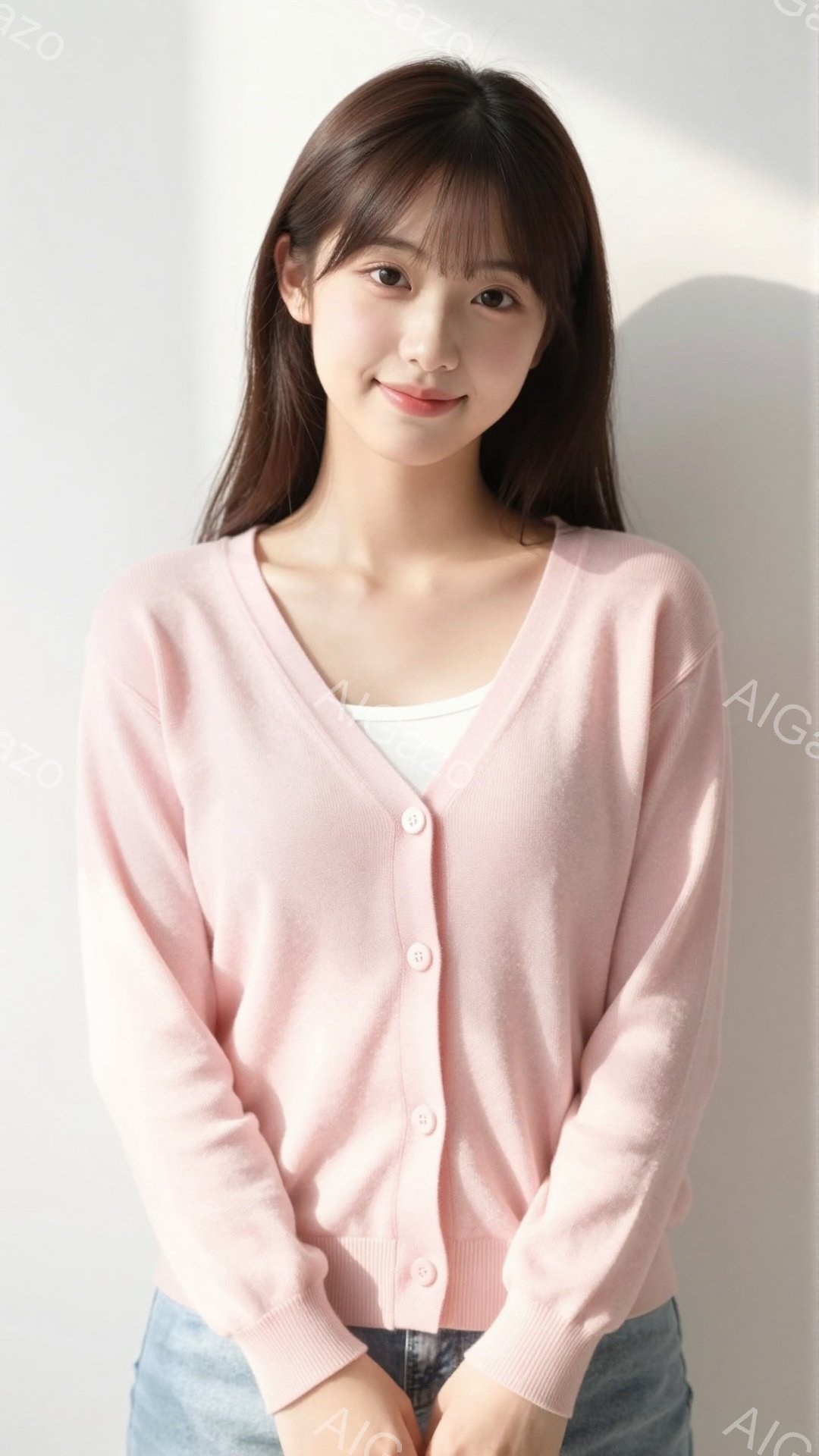 明るいピンク色のカーディガンを着た若い女性が写っています。彼女は肩までの長さの茶色い髪をしており、穏やかな笑顔を浮かべています。背景は白くシンプルで、女性が際立っています。 - AI生成フリー素材